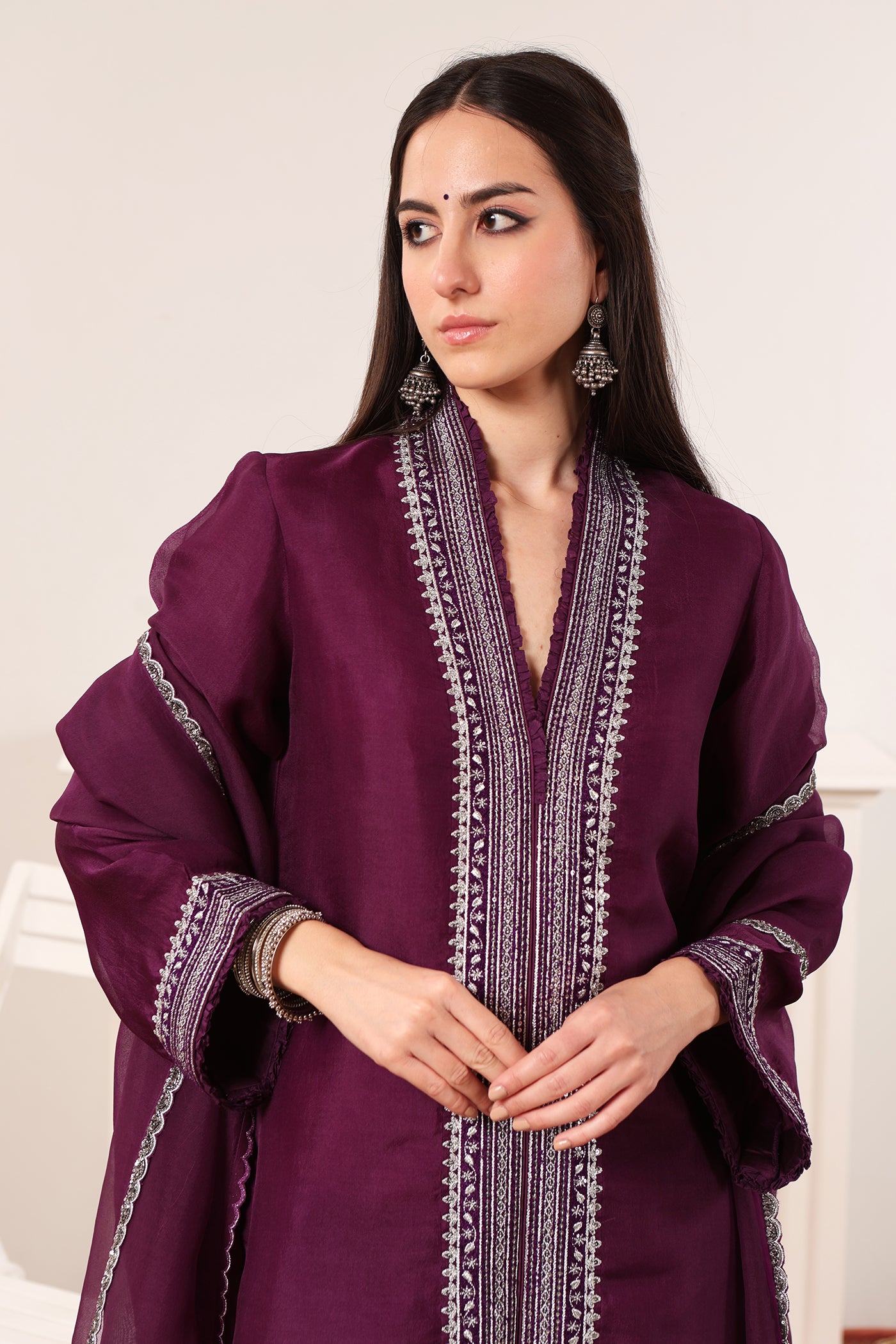 Aubergine Embroidered Pure Silk-Organza Short Kurta-Flared Pants Set