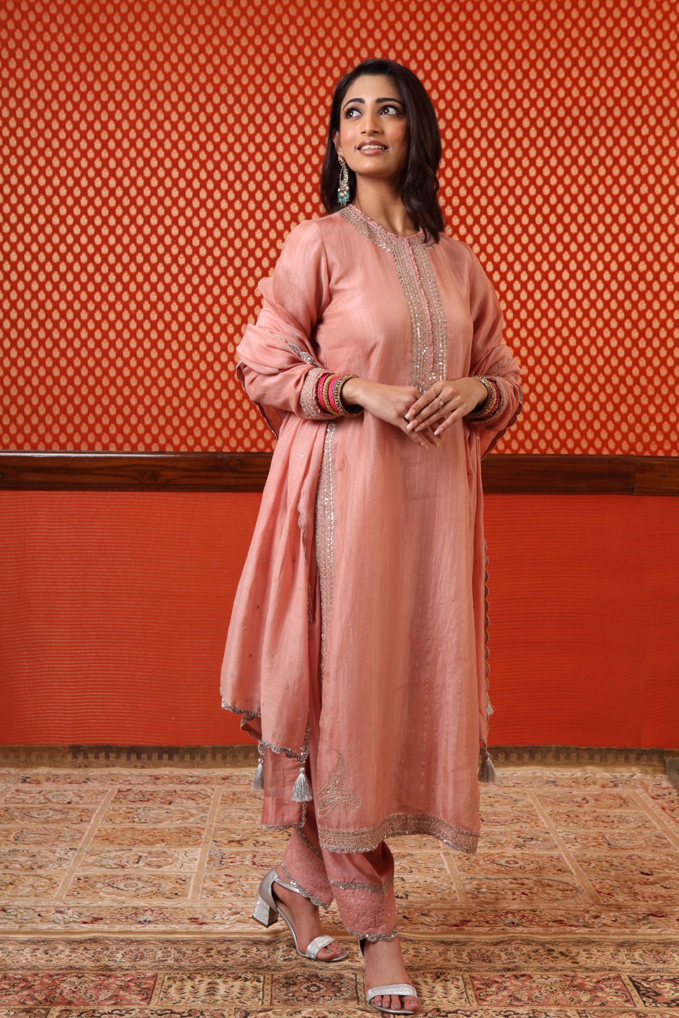 Hand Embroidered Dusty Peach Bud Pure Katan Silk Kurta Salwar Set