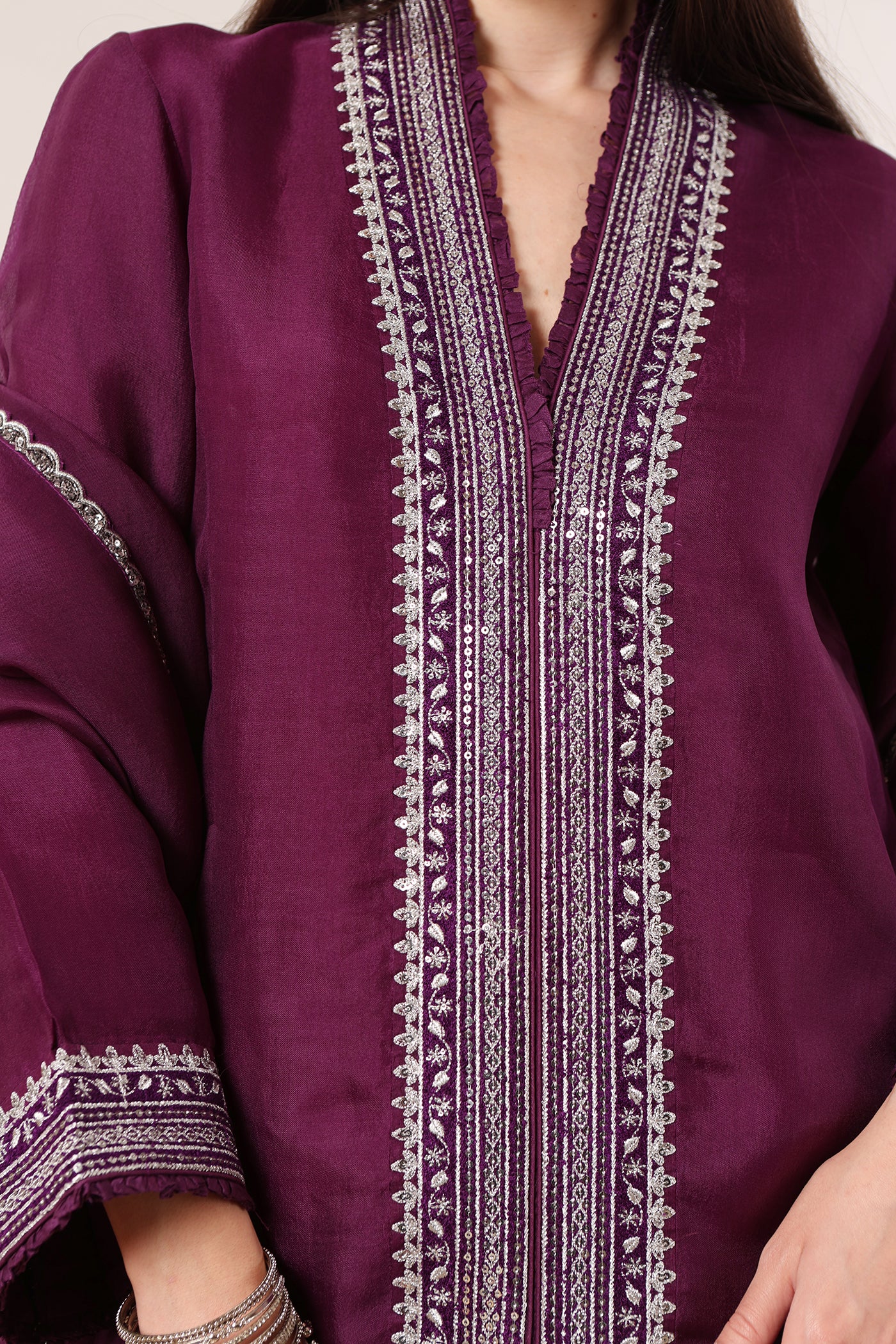 Aubergine Embroidered Pure Silk-Organza Short Kurta-Flared Pants Set