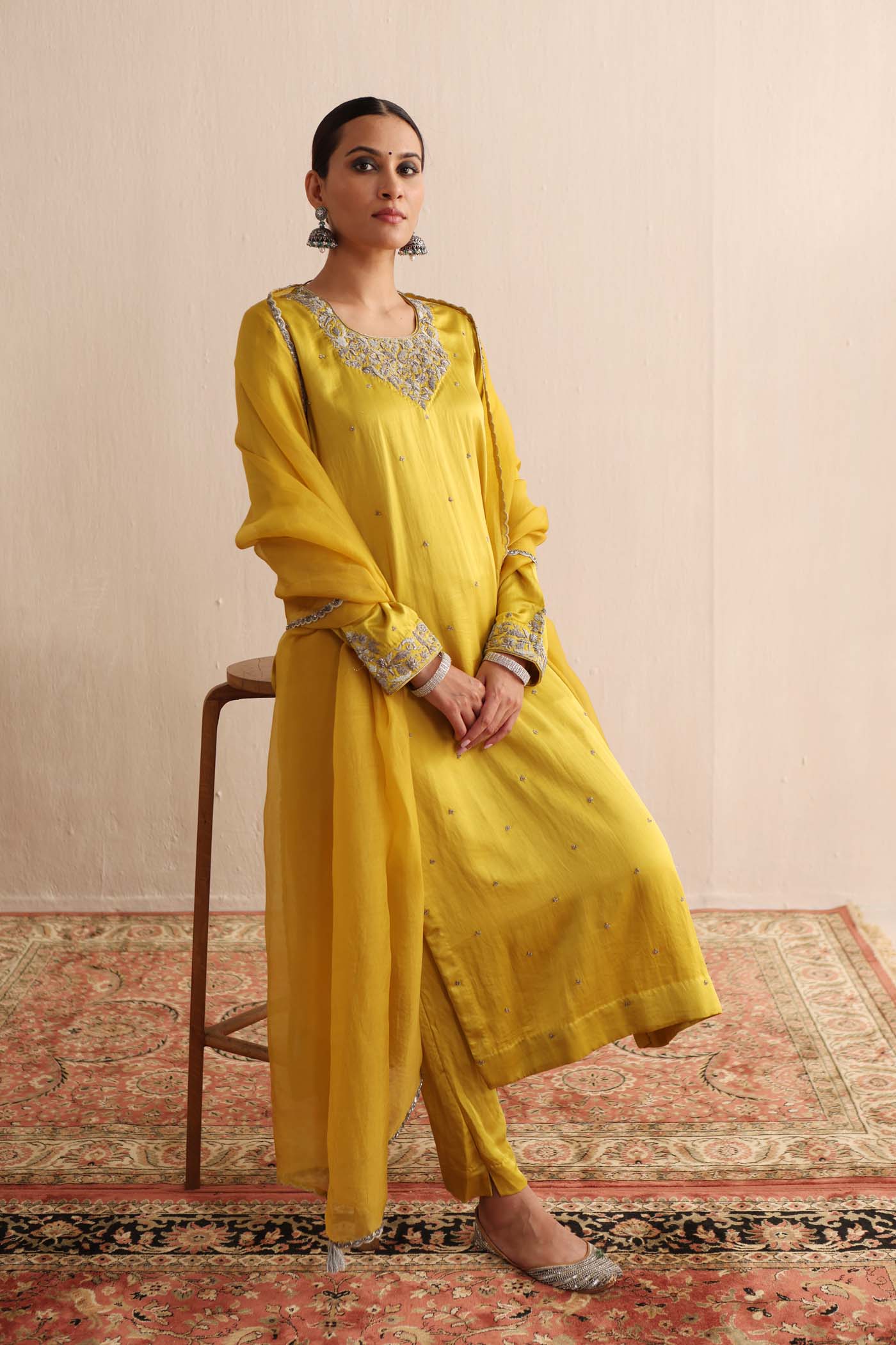 Lime-Yellow Hand-Embroidered Handloom Pure Mashru-Silk (Katan Silk & Cotton) Kurta-Pants Set
