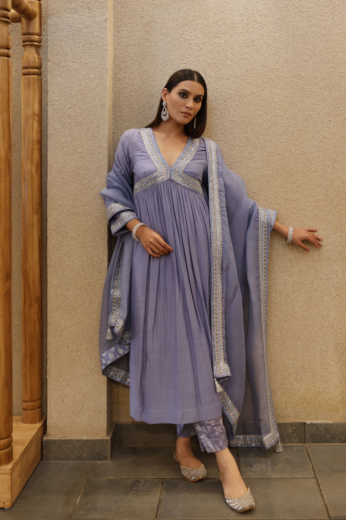 Shadow-Blue Embroidered Peplum-Style Pure Muga Silk Kurta-Pants Set