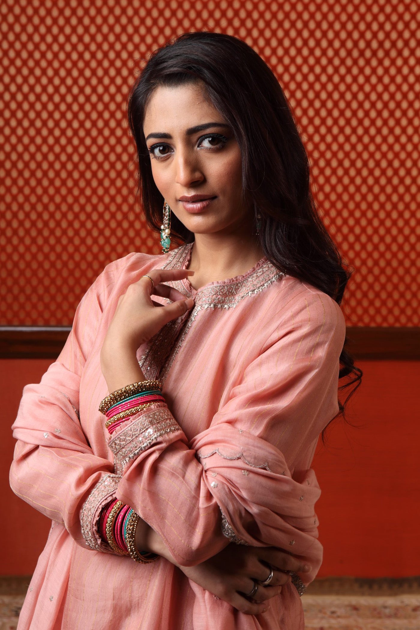 Hand Embroidered Dusty Peach Bud Pure Katan Silk Kurta Salwar Set