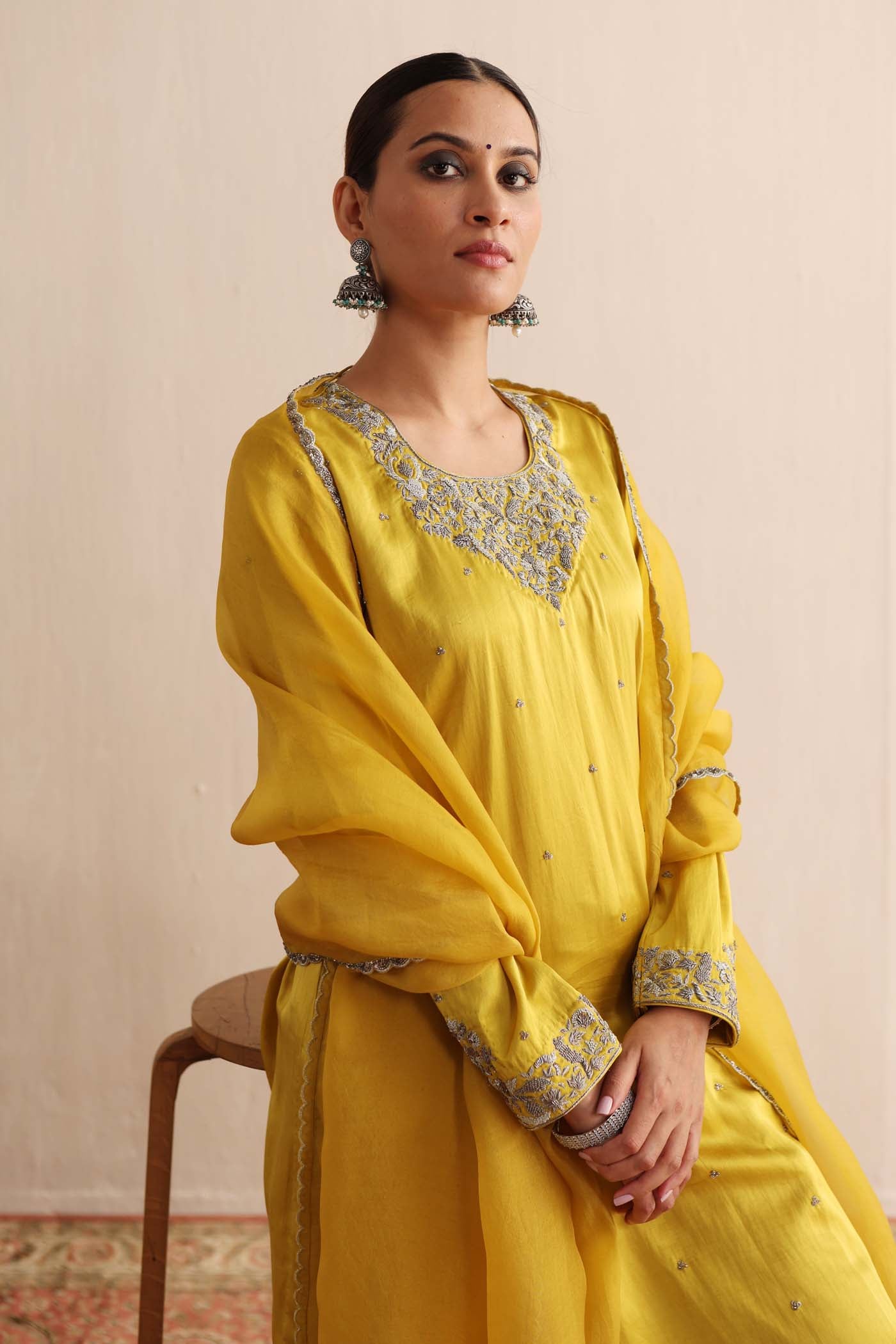 Lime-Yellow Hand-Embroidered Handloom Pure Mashru-Silk (Katan Silk & Cotton) Kurta-Pants Set