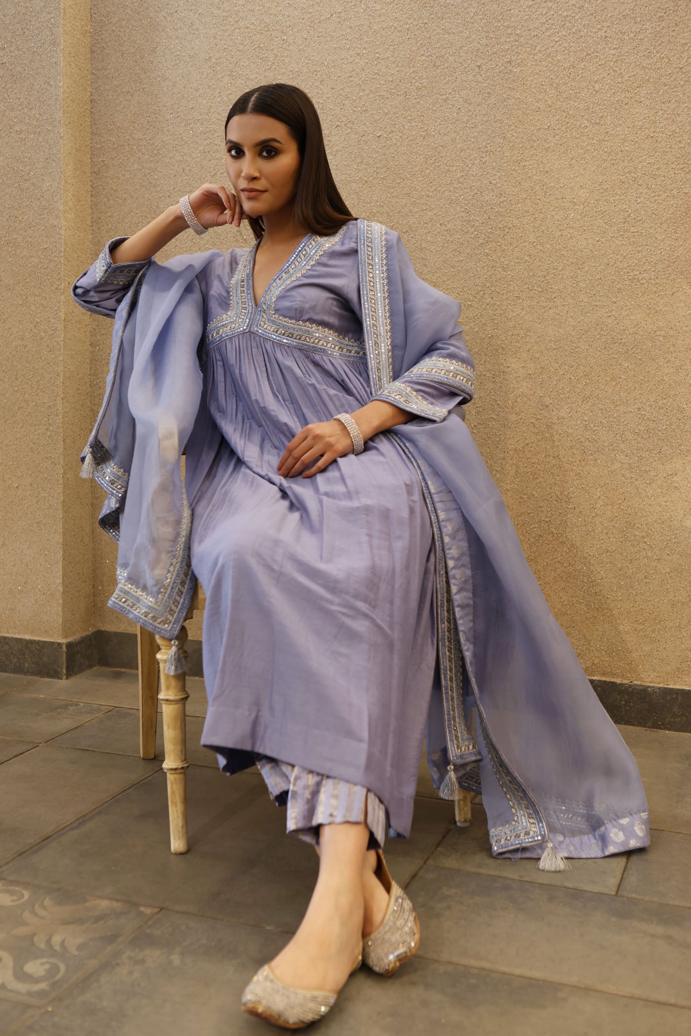 Shadow-Blue Embroidered Peplum-Style Pure Muga Silk Kurta-Pants Set