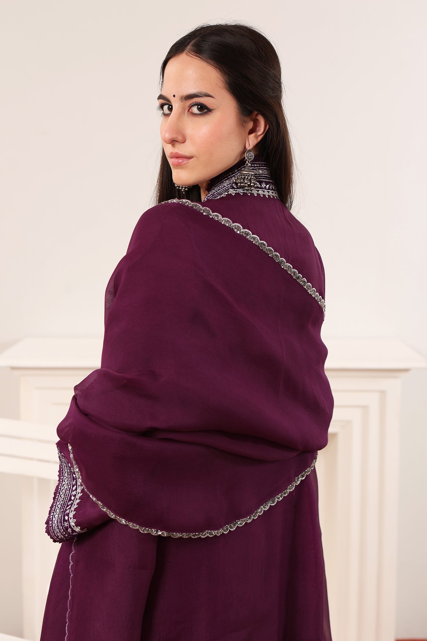 Aubergine Embroidered Pure Silk-Organza Short Kurta-Flared Pants Set