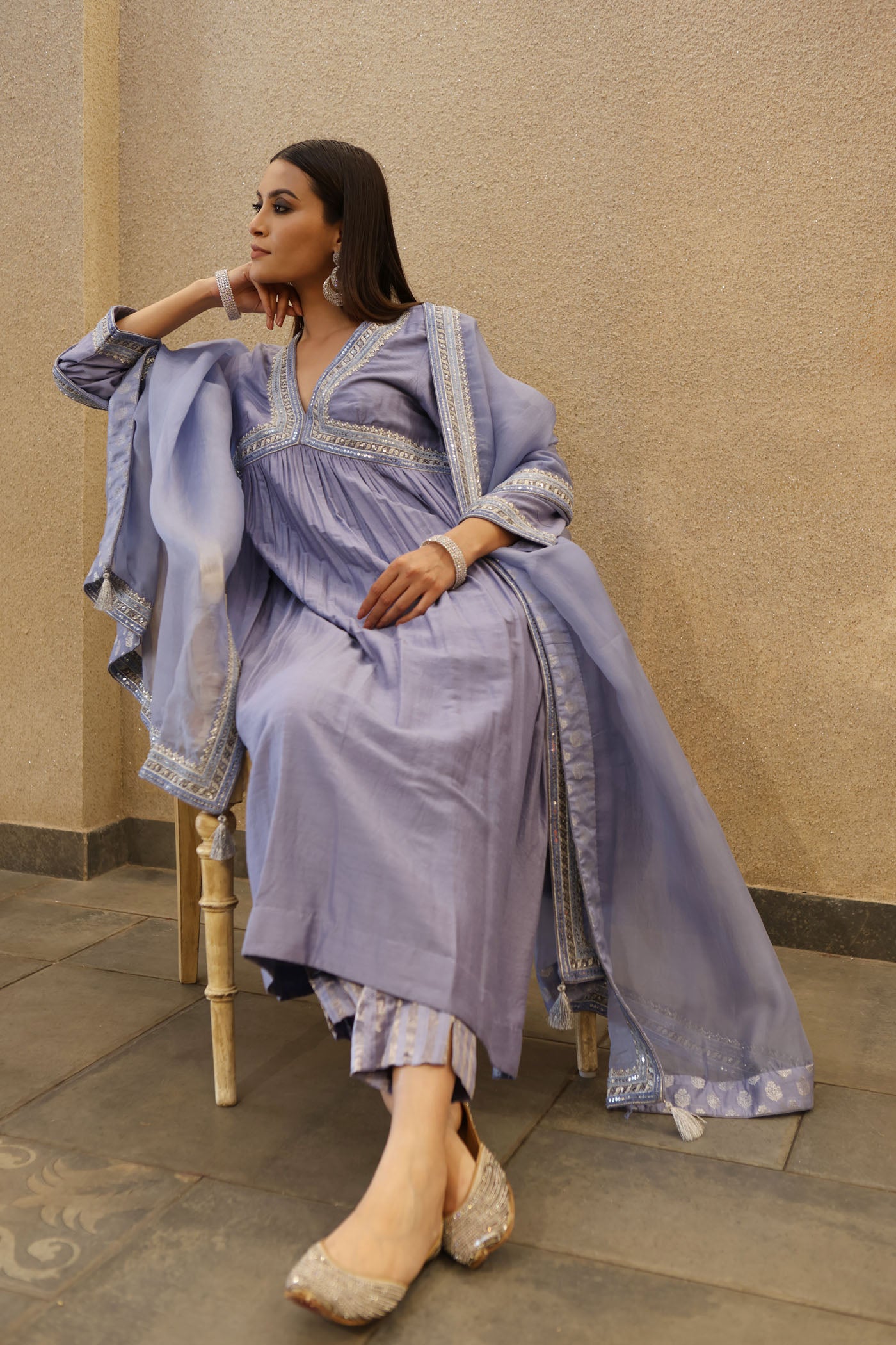 Shadow-Blue Embroidered Peplum-Style Pure Muga Silk Kurta-Pants Set