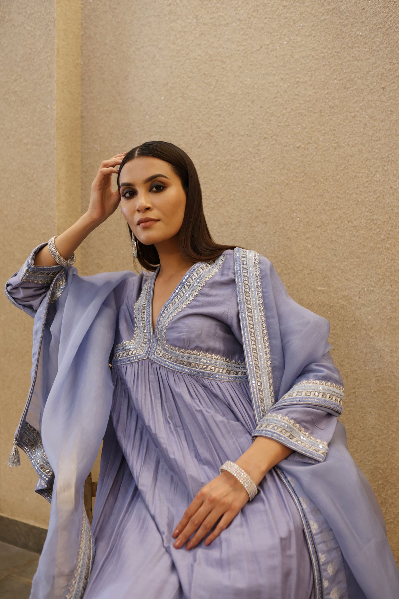 Shadow-Blue Embroidered Peplum-Style Pure Muga Silk Kurta-Pants Set