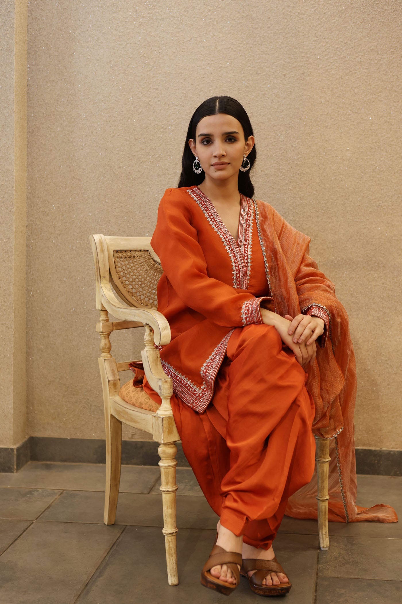 Burnt-Orange Hand-Embroidered Pure Silk-Organza Short Kurta Salwar Set