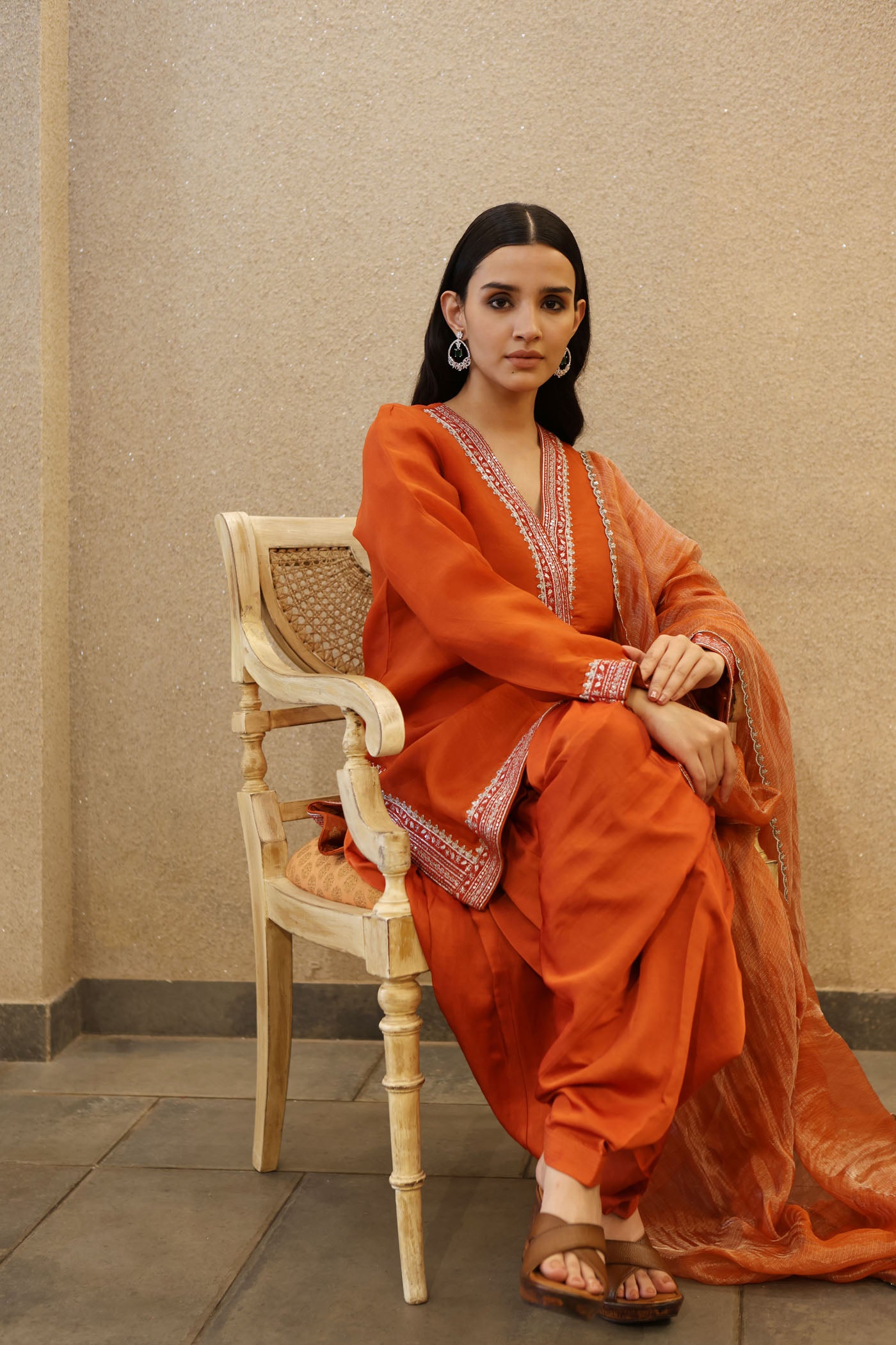 Burnt-Orange Hand-Embroidered Pure Silk-Organza Short Kurta Salwar Set