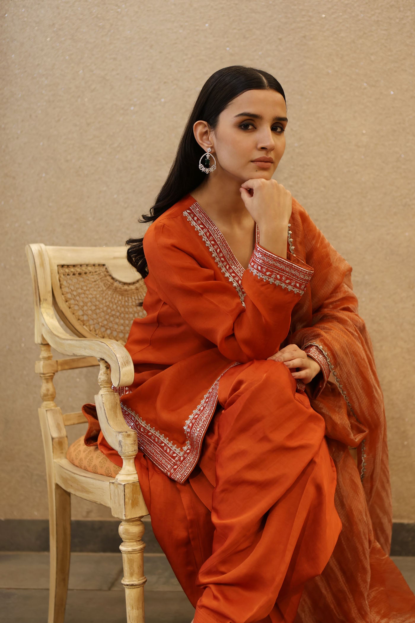 Burnt-Orange Hand-Embroidered Pure Silk-Organza Short Kurta Salwar Set