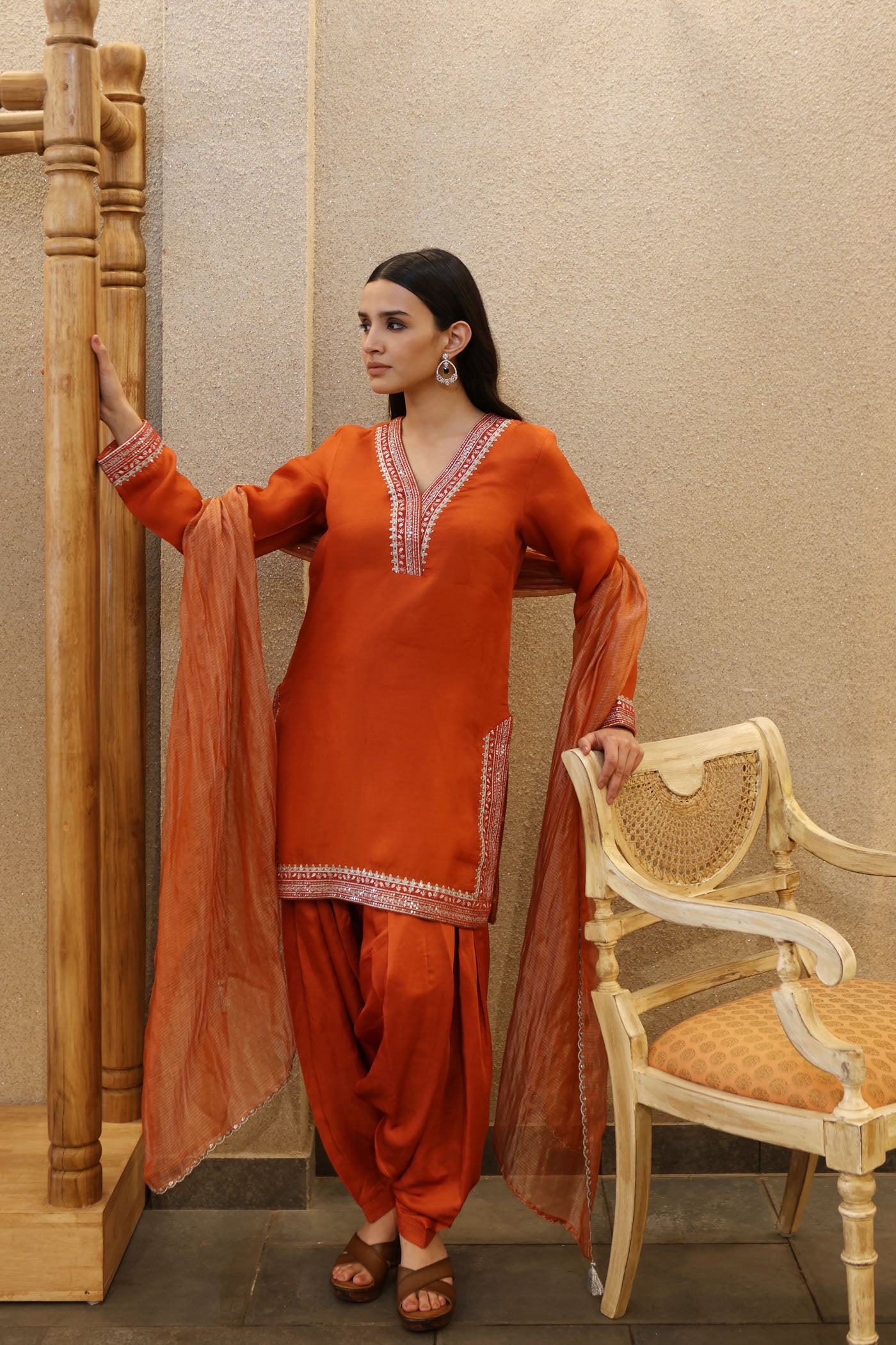 Burnt-Orange Hand-Embroidered Pure Silk-Organza Short Kurta Salwar Set