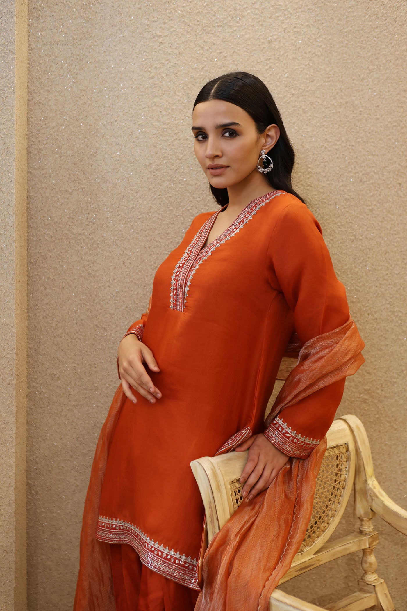 Burnt-Orange Hand-Embroidered Pure Silk-Organza Short Kurta Salwar Set