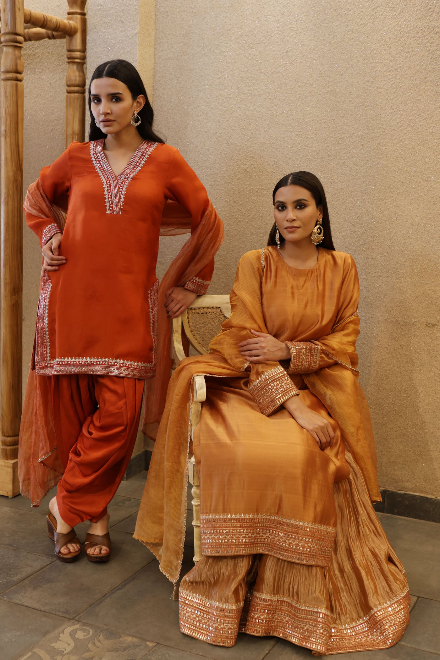 Burnt-Orange Hand-Embroidered Pure Silk-Organza Short Kurta Salwar Set