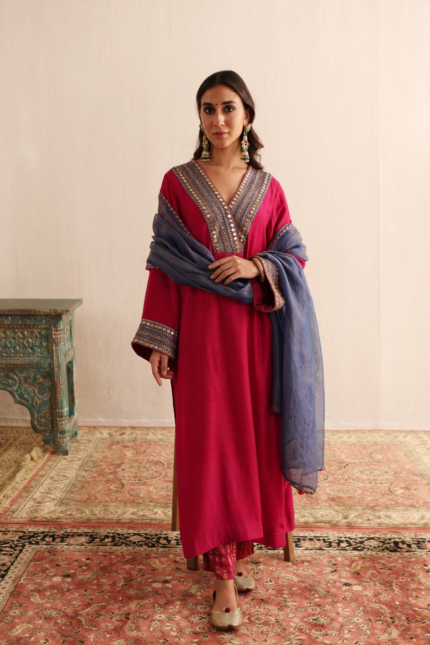 FUCHSIA-ROSE HAND-EMBROIDERED PURE MUGA-SILK KURTA-PANTS SET WITH ROYAL-BLUE PURE KOTA SILK DUPATTA