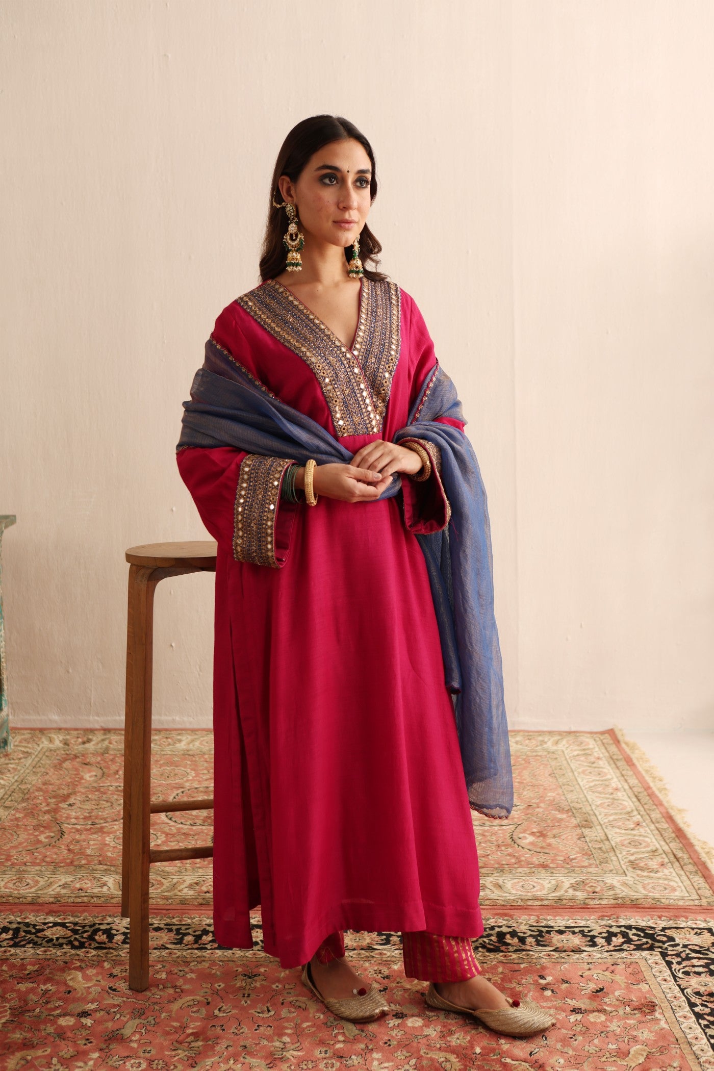 FUCHSIA-ROSE HAND-EMBROIDERED PURE MUGA-SILK KURTA-PANTS SET WITH ROYAL-BLUE PURE KOTA SILK DUPATTA