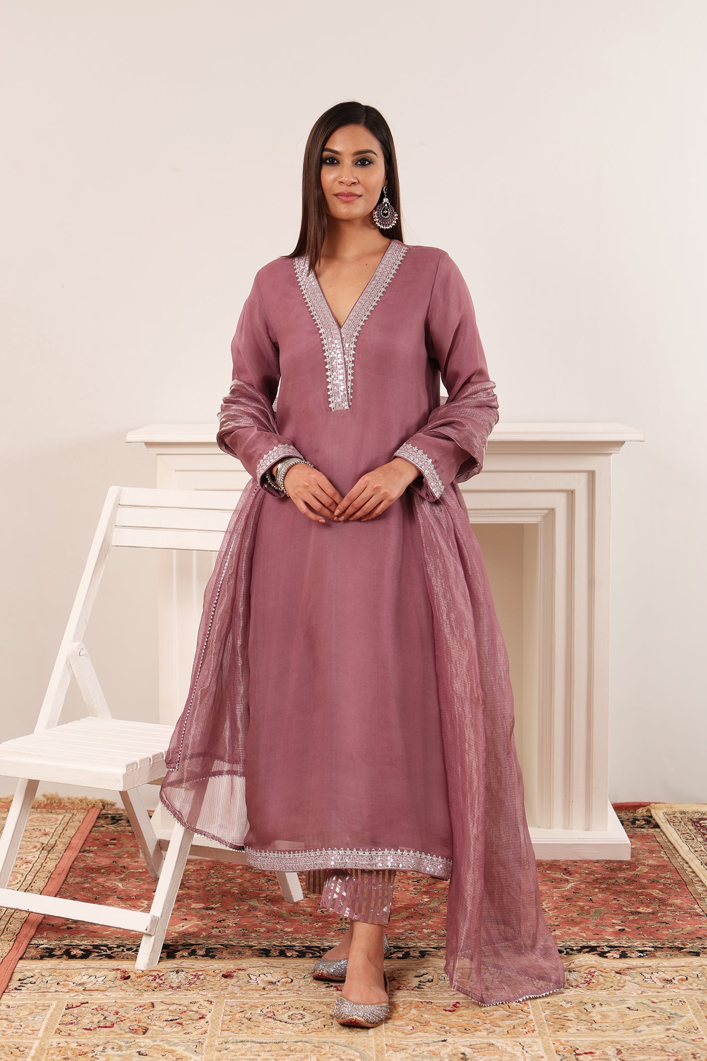 Lavender Embroidered Pure Silk-Organza Kurta-Pants Set