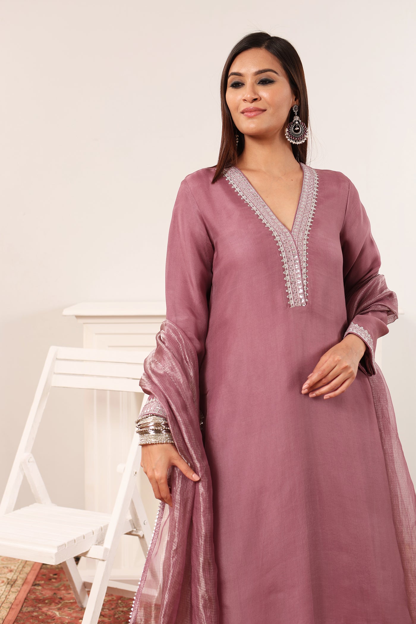 Lavender Embroidered Pure Silk-Organza Kurta-Pants Set