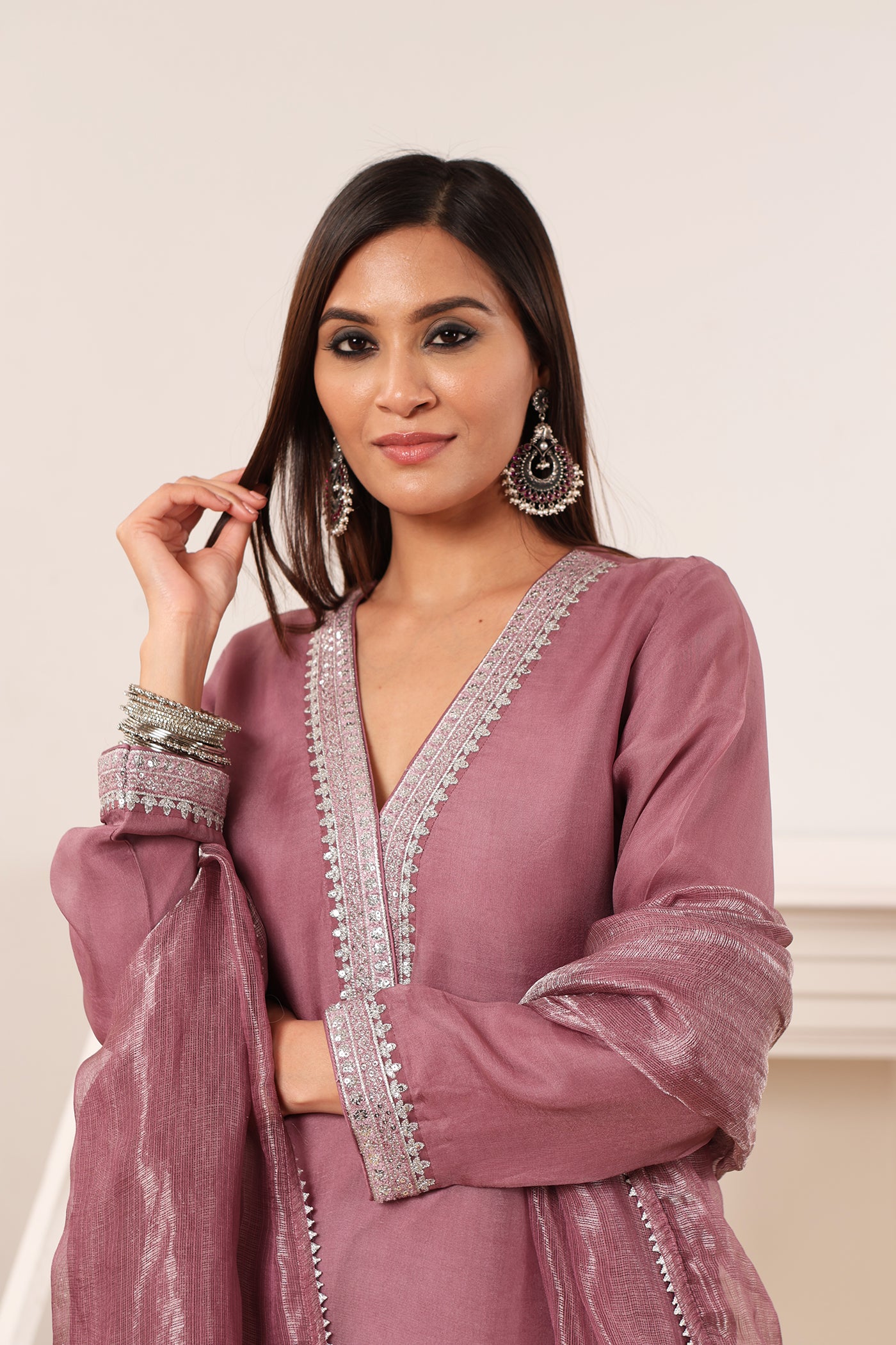 Lavender Embroidered Pure Silk-Organza Kurta-Pants Set