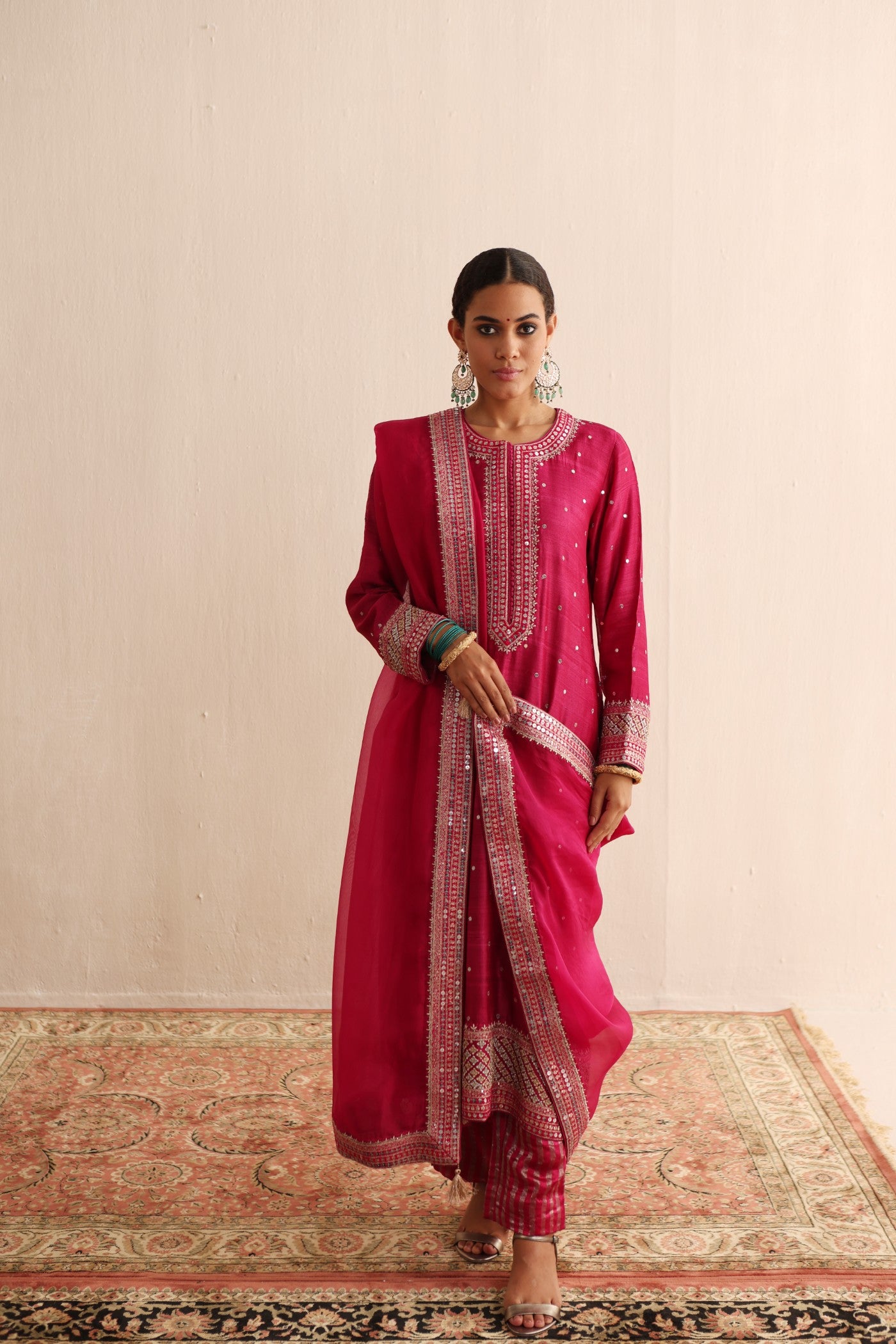 Rani-Pink Hand-Embroidered Pure Silk Kurta-Pants Set