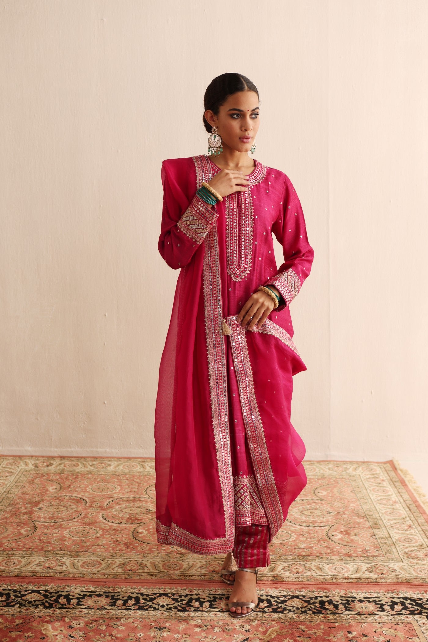 Rani-Pink Hand-Embroidered Pure Silk Kurta-Pants Set