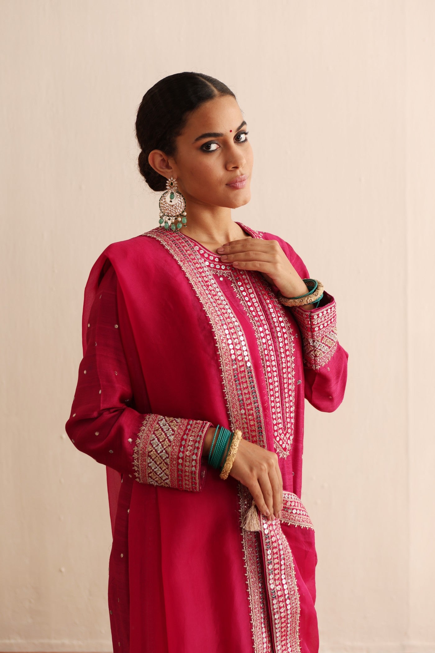 Rani-Pink Hand-Embroidered Pure Silk Kurta-Pants Set