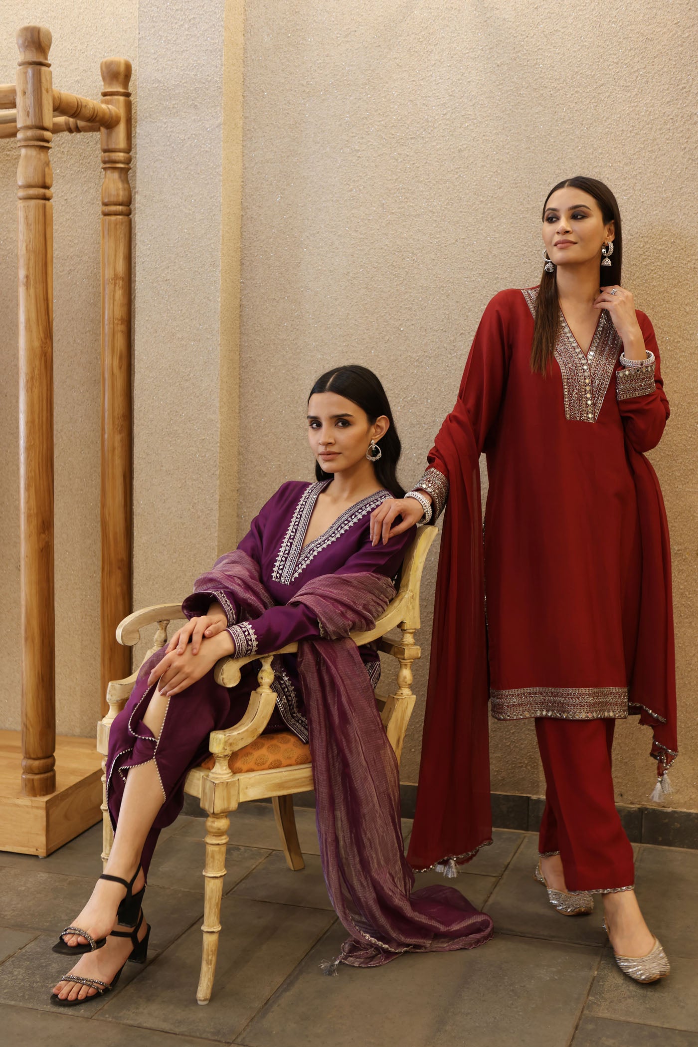 Maroon Hand-Embroidered Pure Silk- Organza Kurta-Pants Set