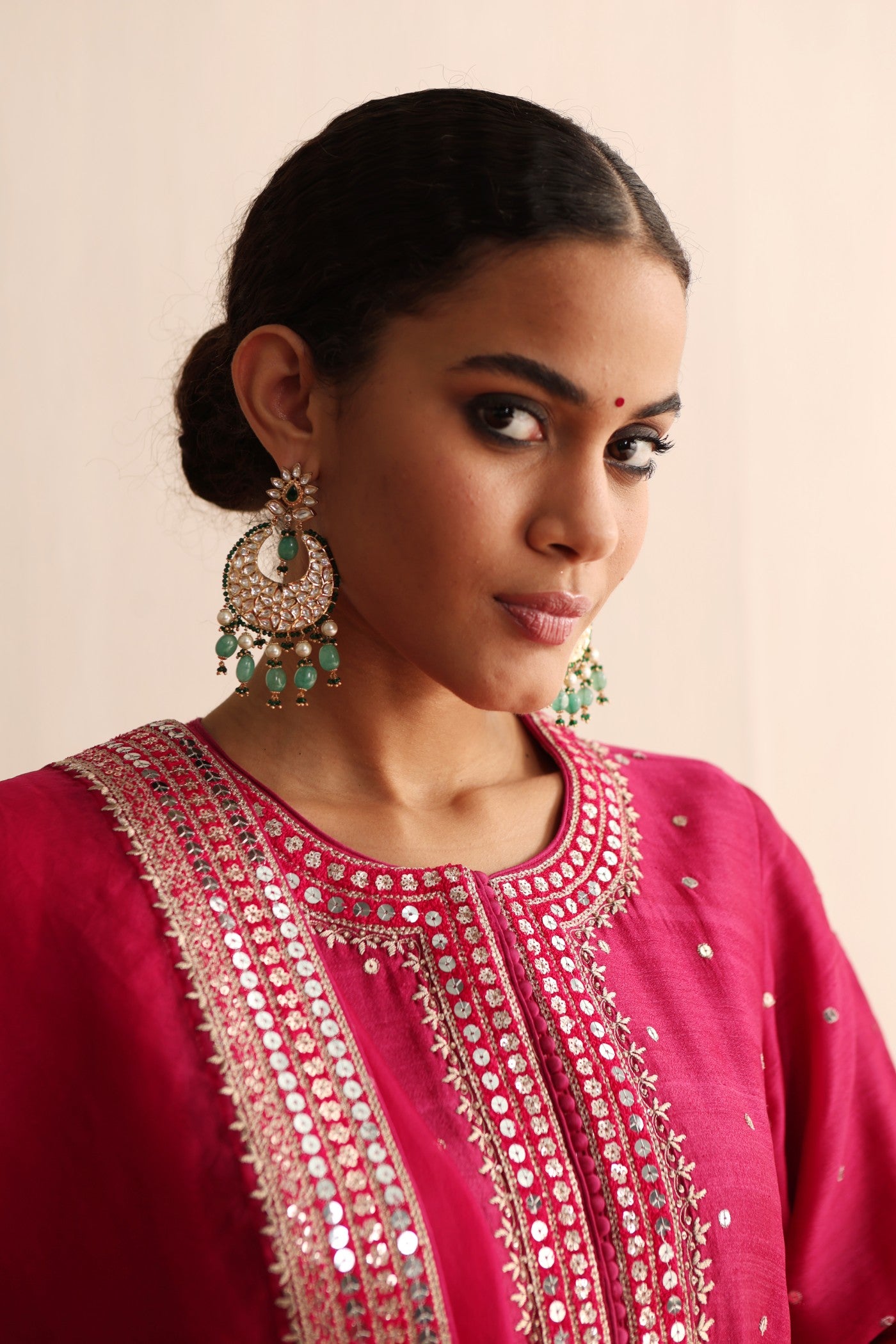 Rani-Pink Hand-Embroidered Pure Silk Kurta-Pants Set