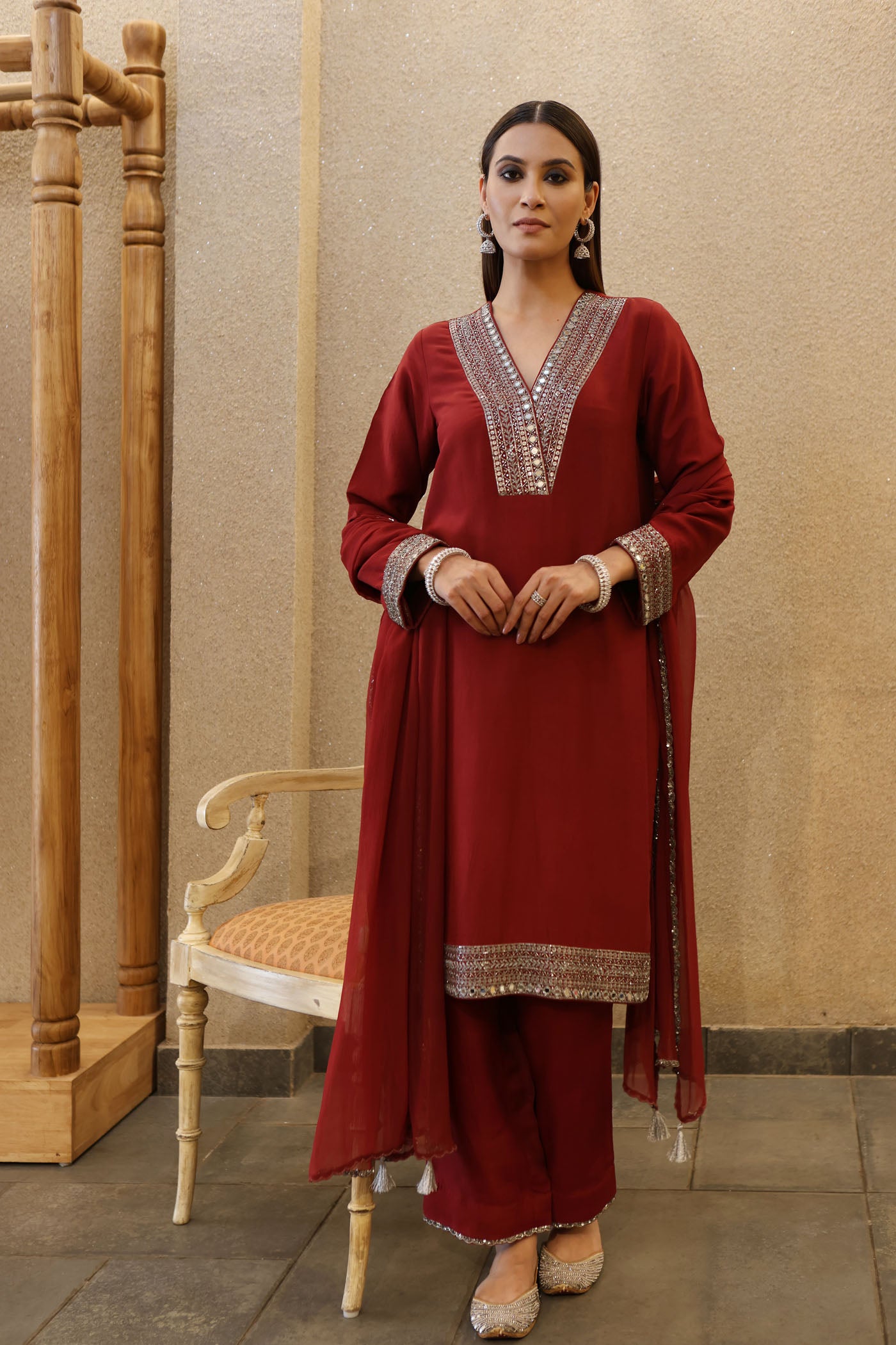 Maroon Hand-Embroidered Pure Silk- Organza Kurta-Pants Set