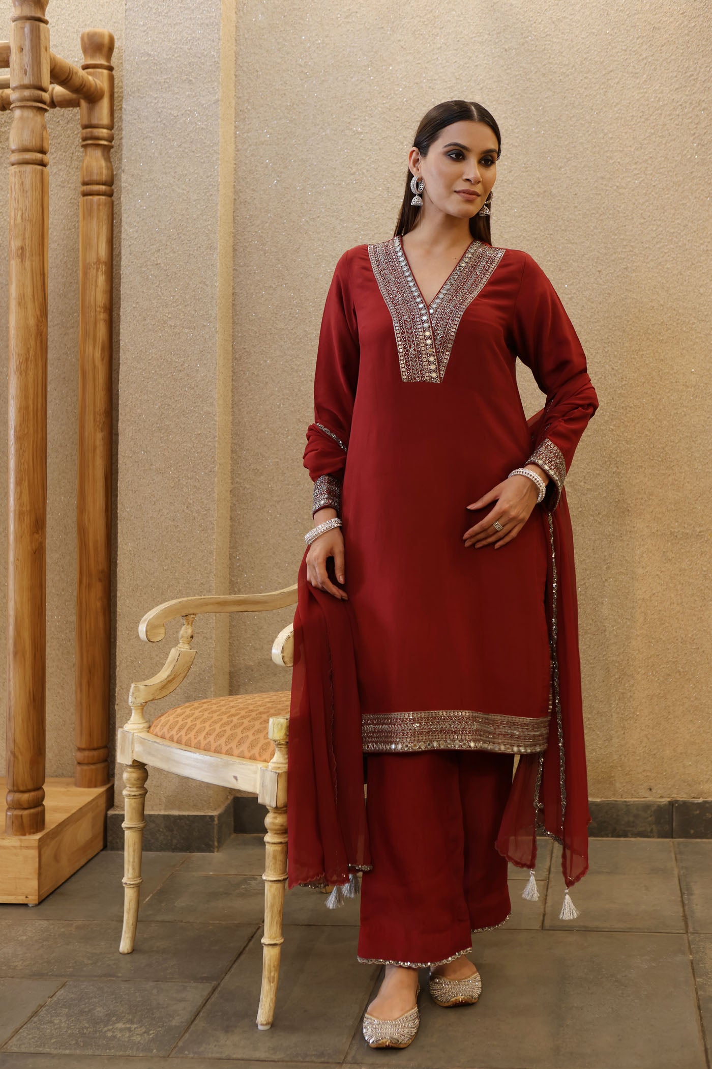 Maroon Hand-Embroidered Pure Silk- Organza Kurta-Pants Set