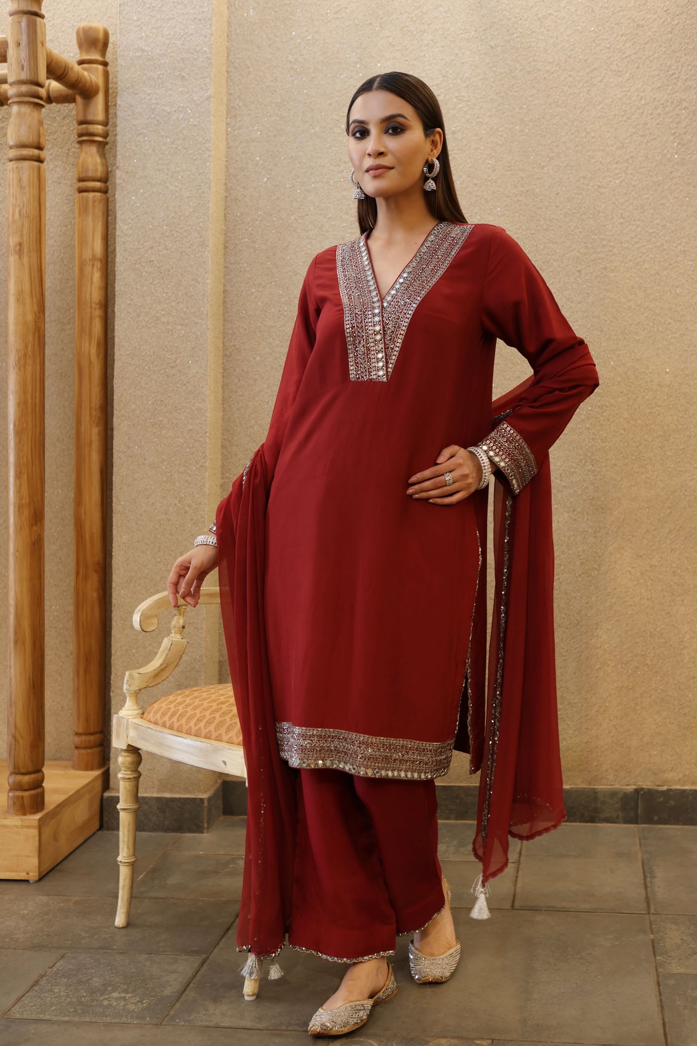 Maroon Hand-Embroidered Pure Silk- Organza Kurta-Pants Set
