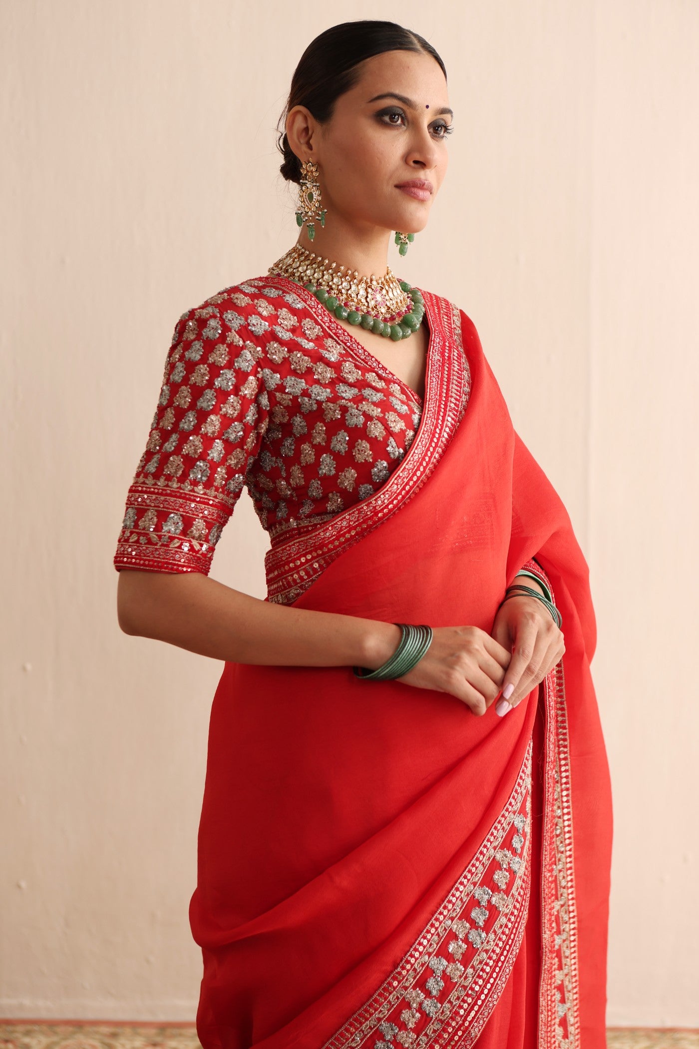 TOMATO RED AND-EMBROIDERED PURE SILK-ORGANZA SAREE WITH PURE CREPE BLOUSE SET