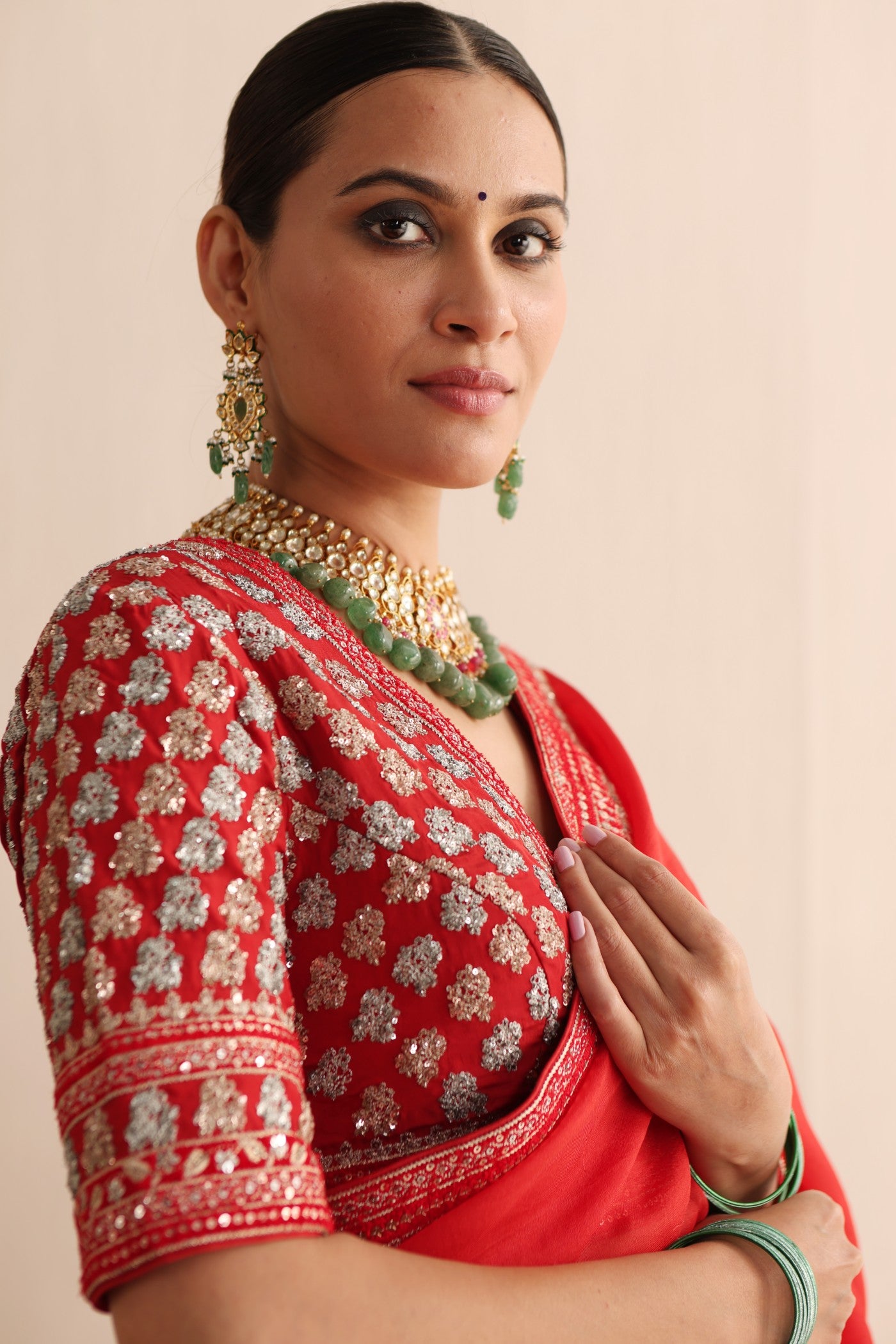 TOMATO RED AND-EMBROIDERED PURE SILK-ORGANZA SAREE WITH PURE CREPE BLOUSE SET