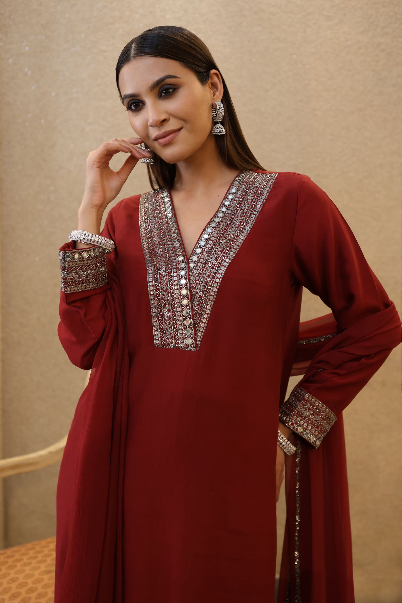 Maroon Hand-Embroidered Pure Silk- Organza Kurta-Pants Set