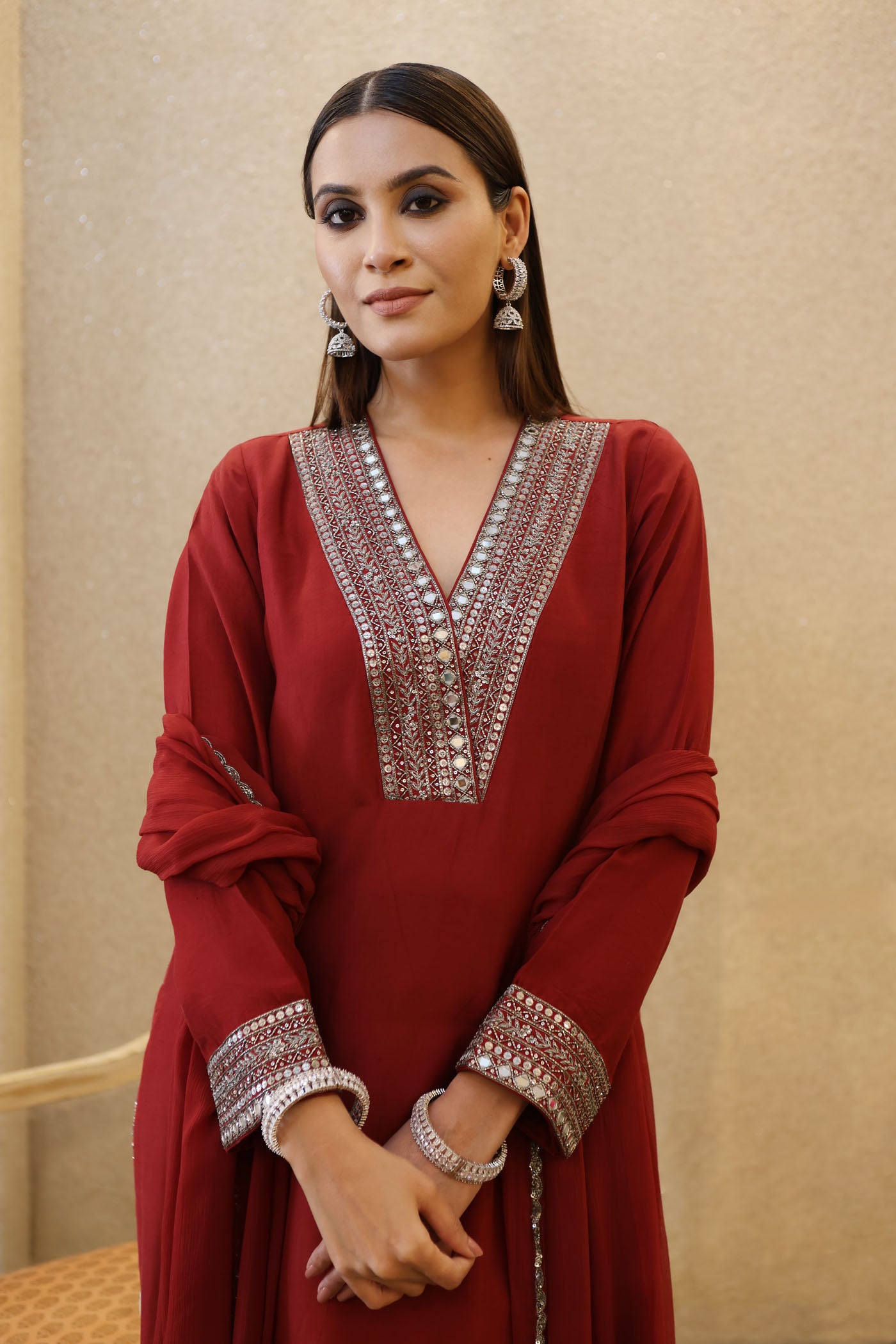 Maroon Hand-Embroidered Pure Silk- Organza Kurta-Pants Set