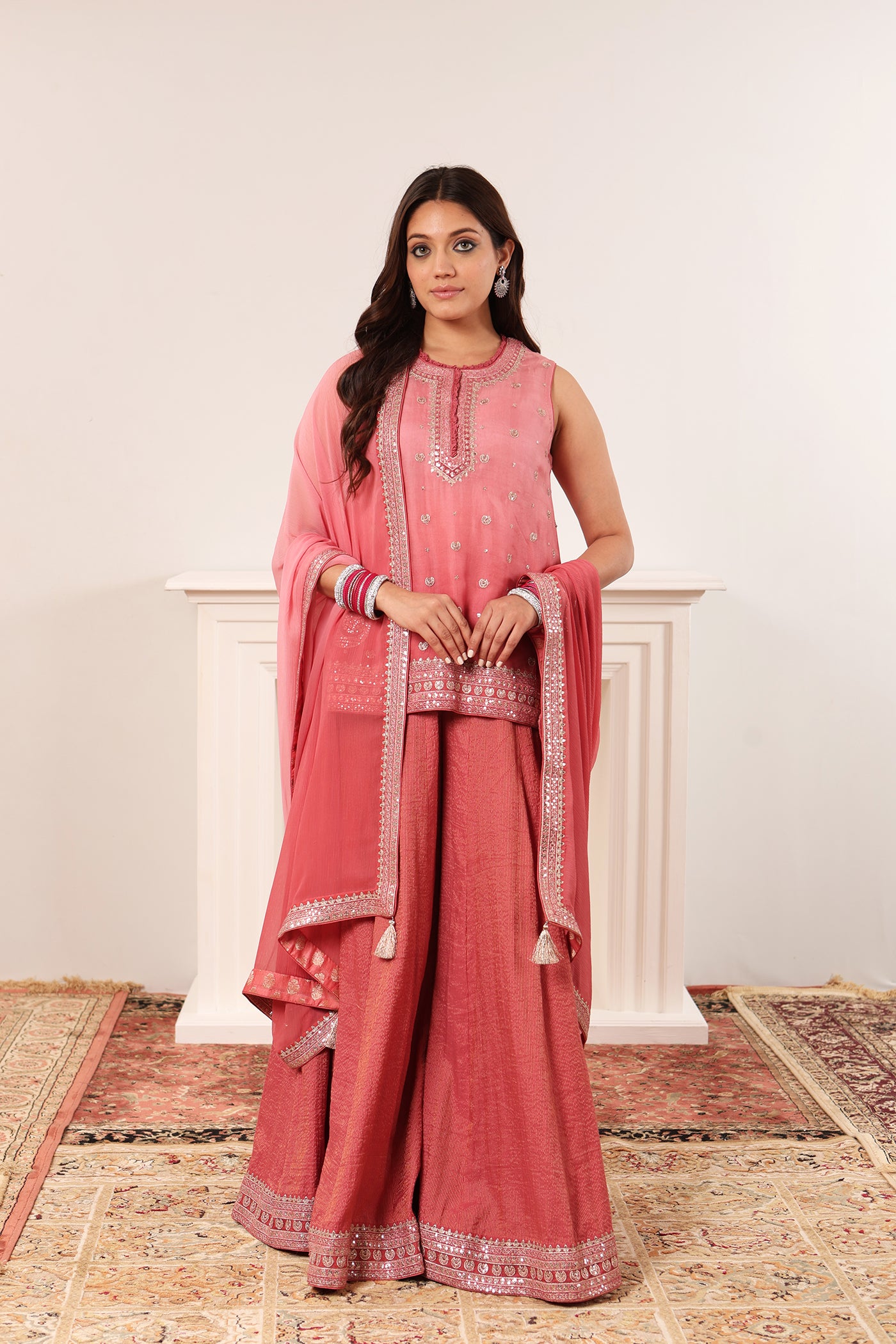 Candy-Pink Embroidered Pure Silk-Organza Short-Kurta-Sharara Set