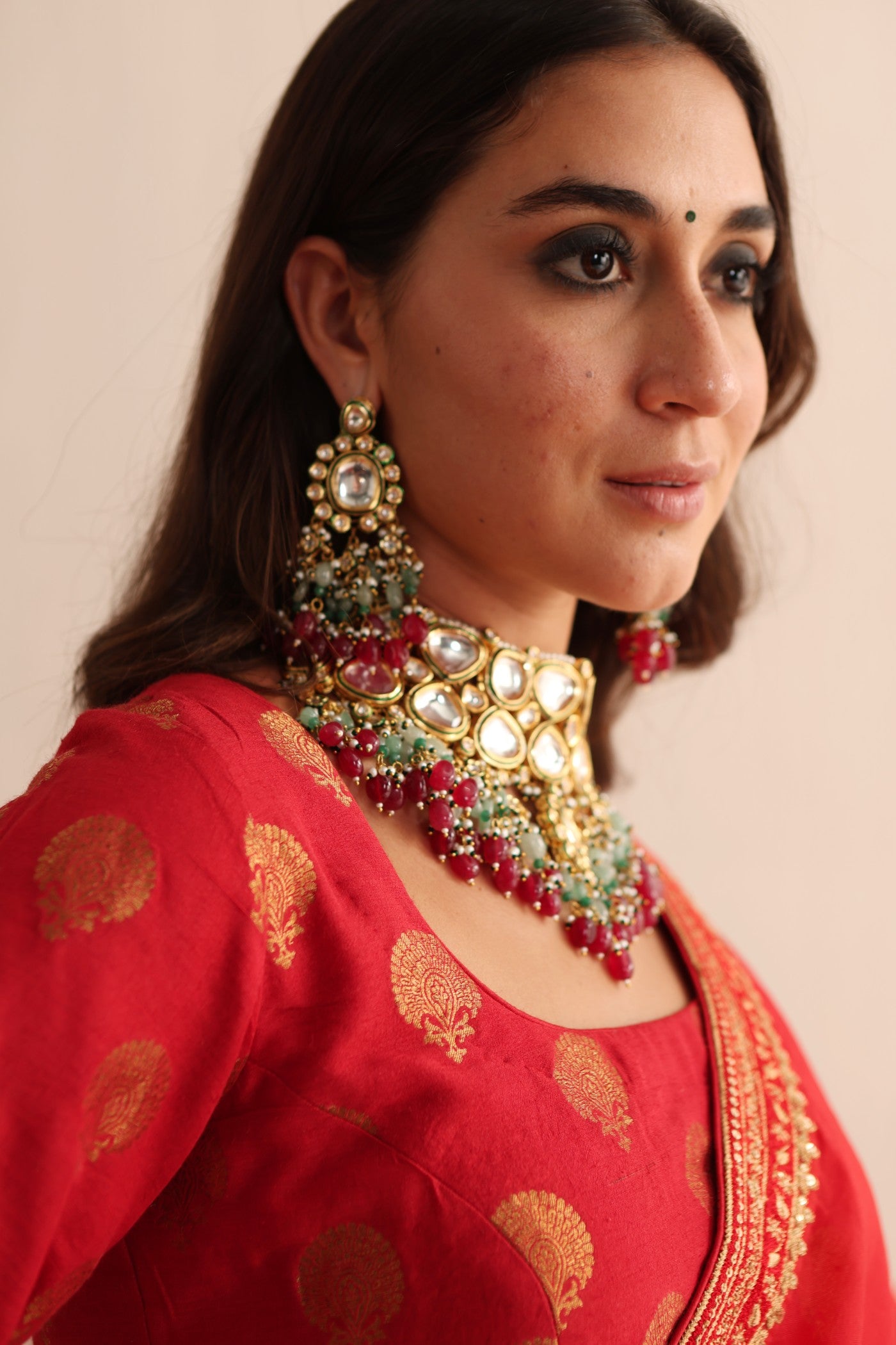 Tomato-Red Embroidered Pure Silk-Organza Saree-Blouse Set