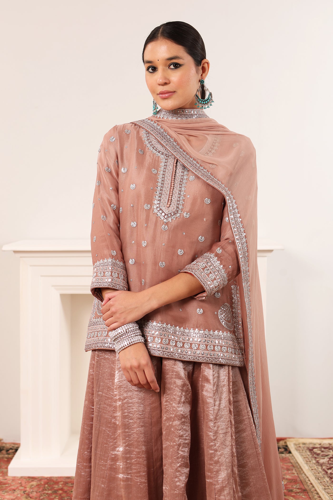 Rose-Brown Chaand-Buta Embroidered Pure Silk-Cotton Short-Kurta-Sharara Set Paired With Chiffon Dupatta