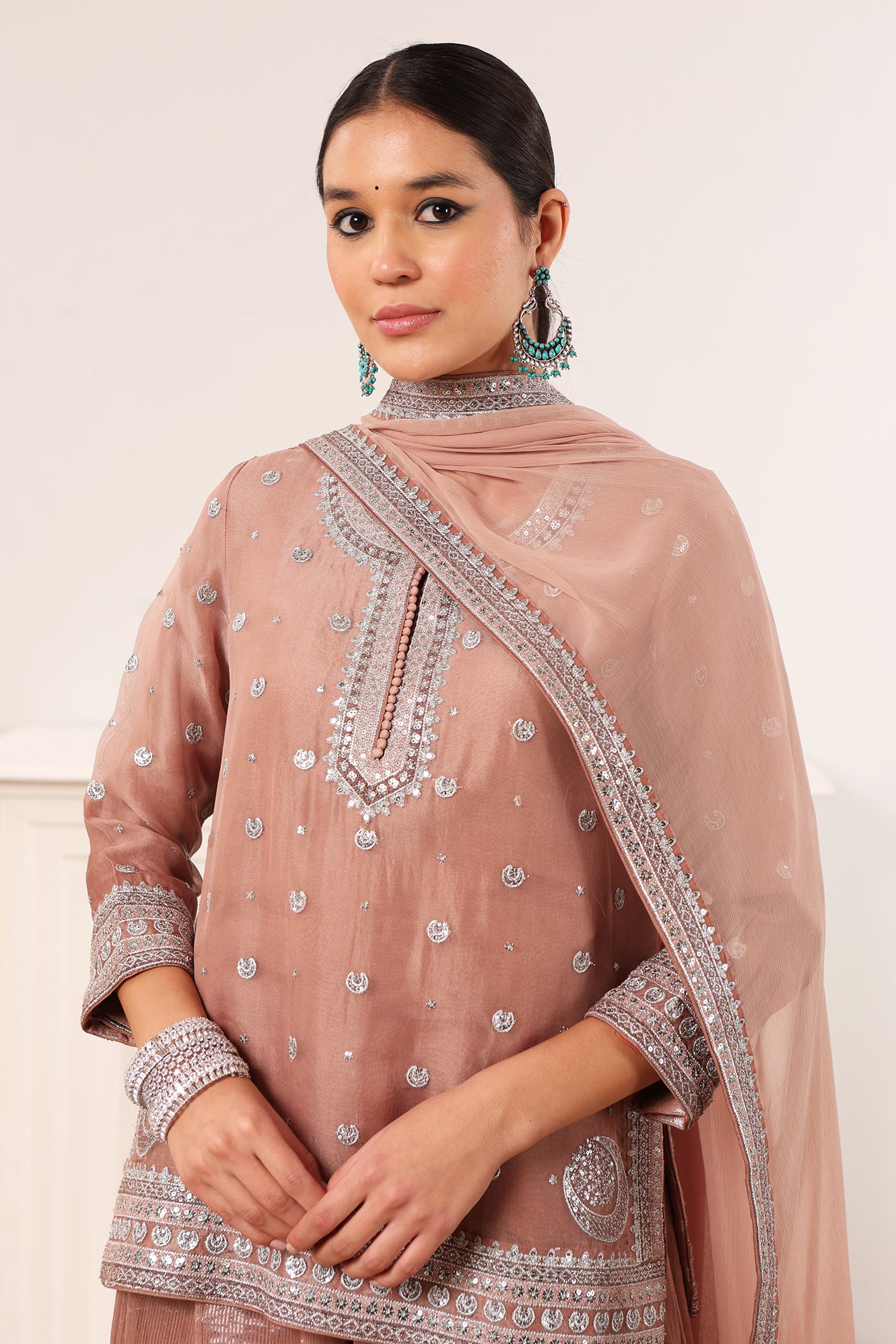 Rose-Brown Chaand-Buta Embroidered Pure Silk-Cotton Short-Kurta-Sharara Set Paired With Chiffon Dupatta