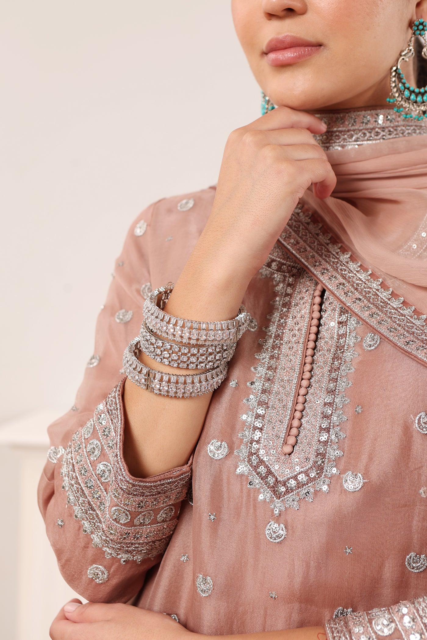 Rose-Brown Chaand-Buta Embroidered Pure Silk-Cotton Short-Kurta-Sharara Set Paired With Chiffon Dupatta