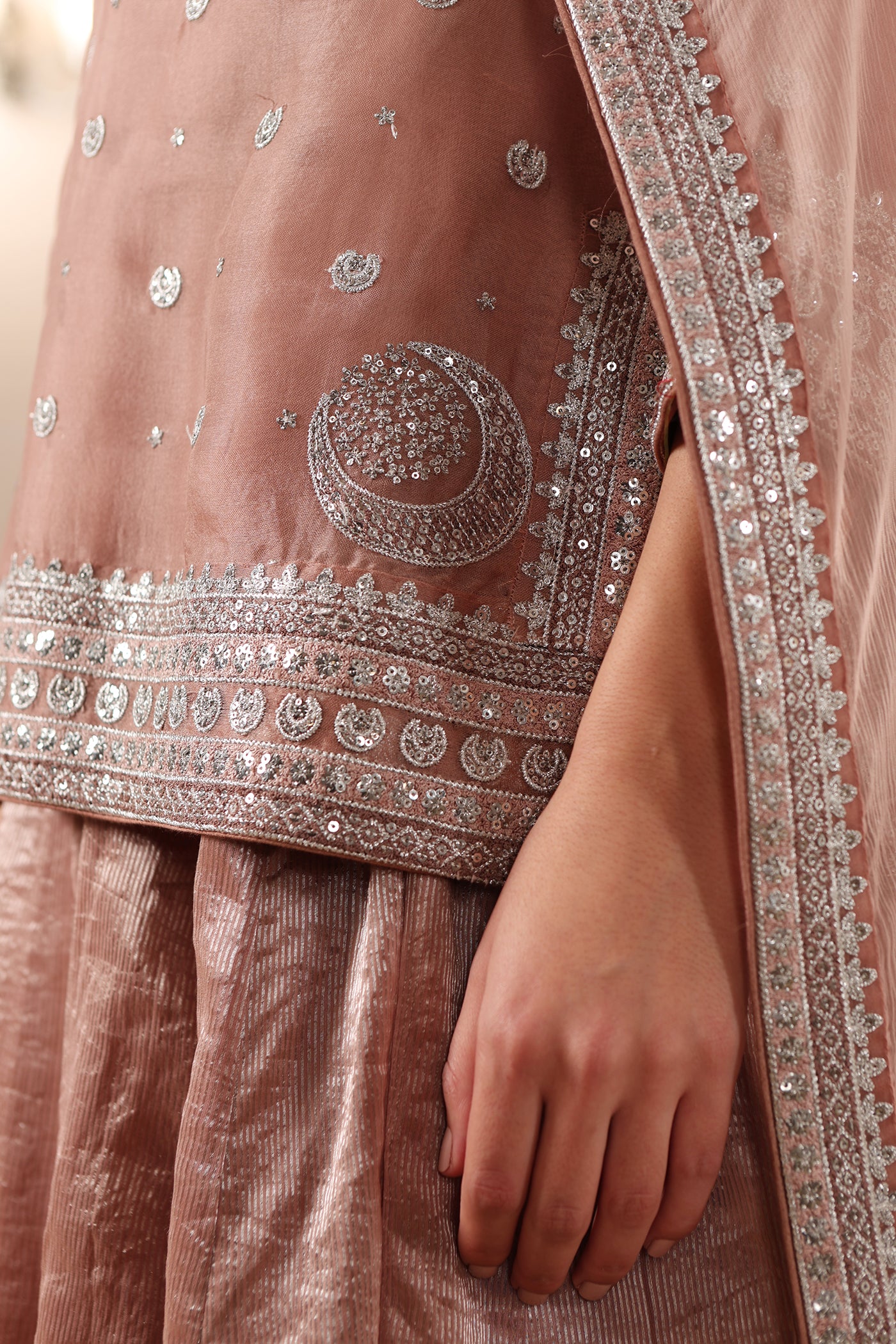 Rose-Brown Chaand-Buta Embroidered Pure Silk-Cotton Short-Kurta-Sharara Set Paired With Chiffon Dupatta