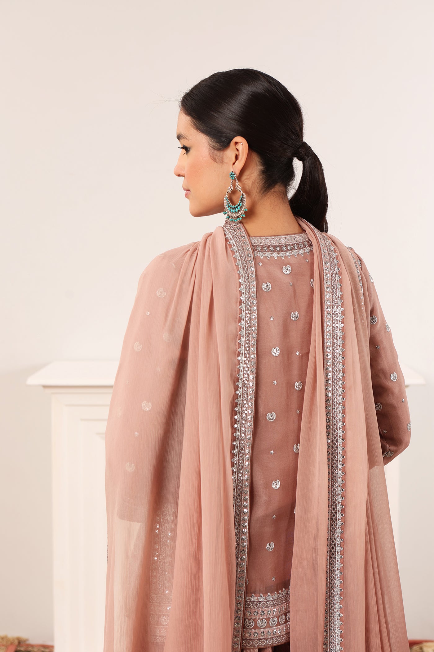 Rose-Brown Chaand-Buta Embroidered Pure Silk-Cotton Short-Kurta-Sharara Set Paired With Chiffon Dupatta