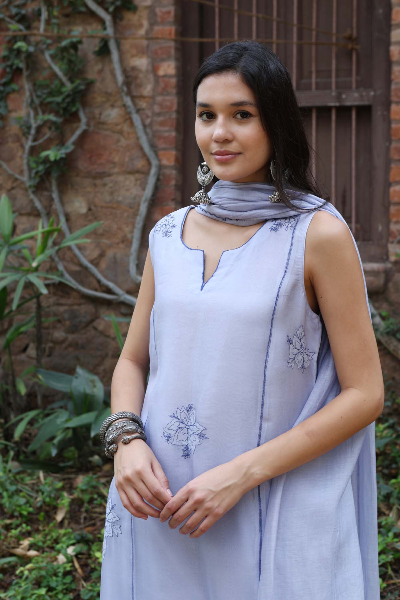 Forever-Blue Pure Silk Organza Embroidered (Applique & Cuwork) Sleeveless Kurta-Pants Set