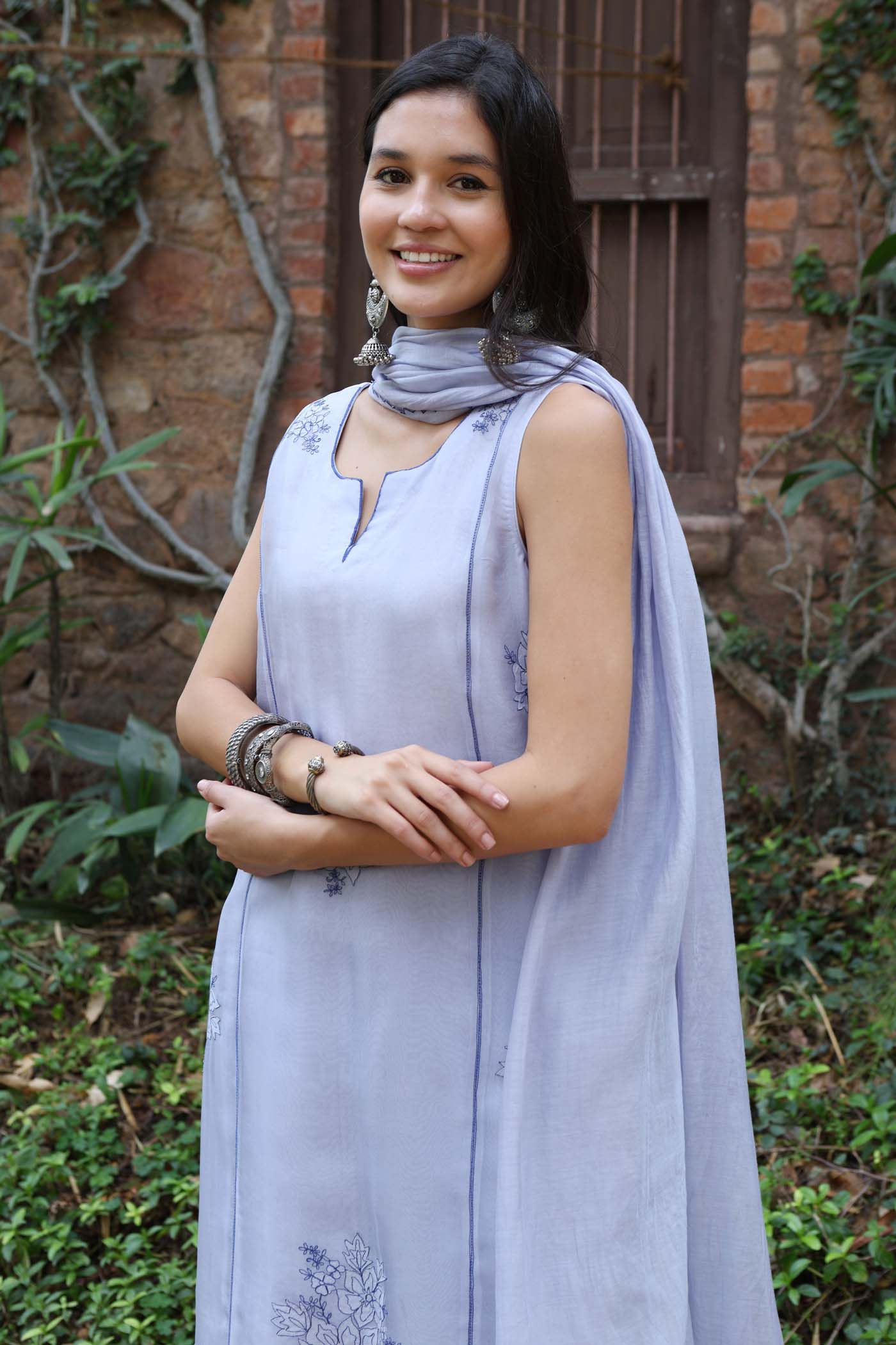 Forever-Blue Pure Silk Organza Embroidered (Applique & Cuwork) Sleeveless Kurta-Pants Set