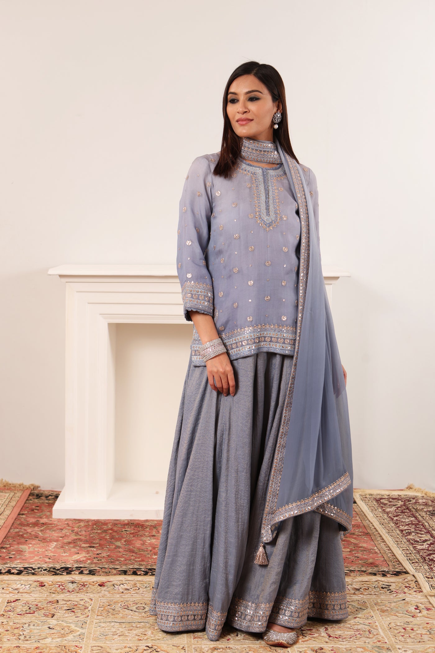 Placid-Blue Embroidered Pure Silk-Organza Short-Kurta-Sharara Set
