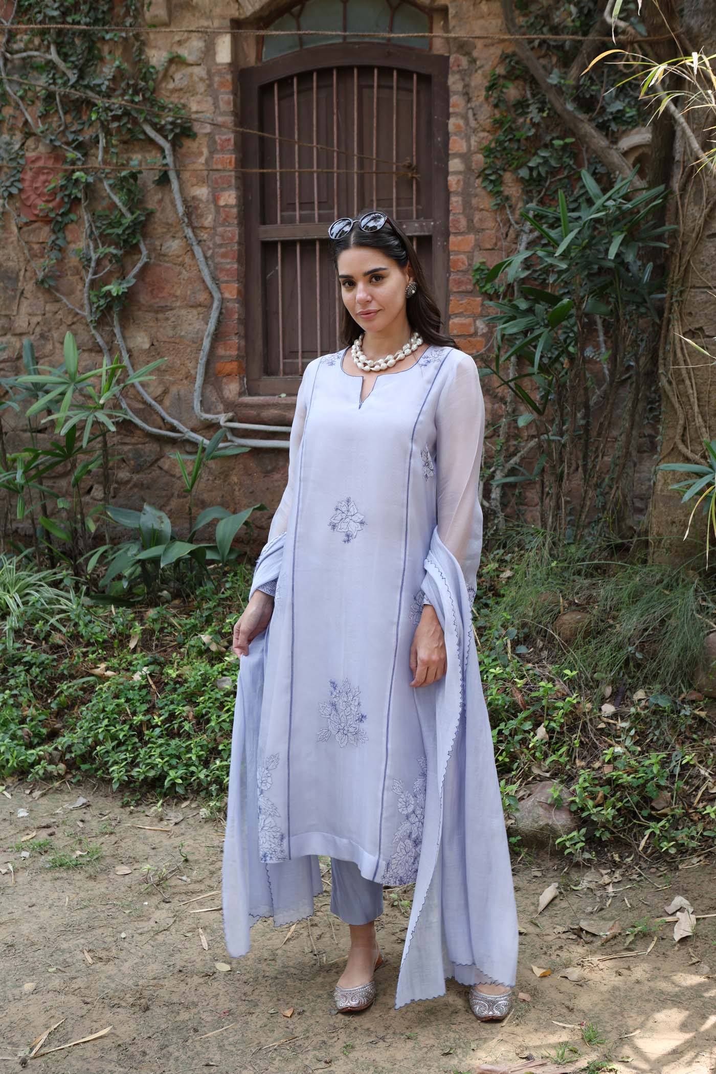 Forever-Blue Pure Silk Organza Embroidered (Applique & Cuwork) Kurta- Pants Set