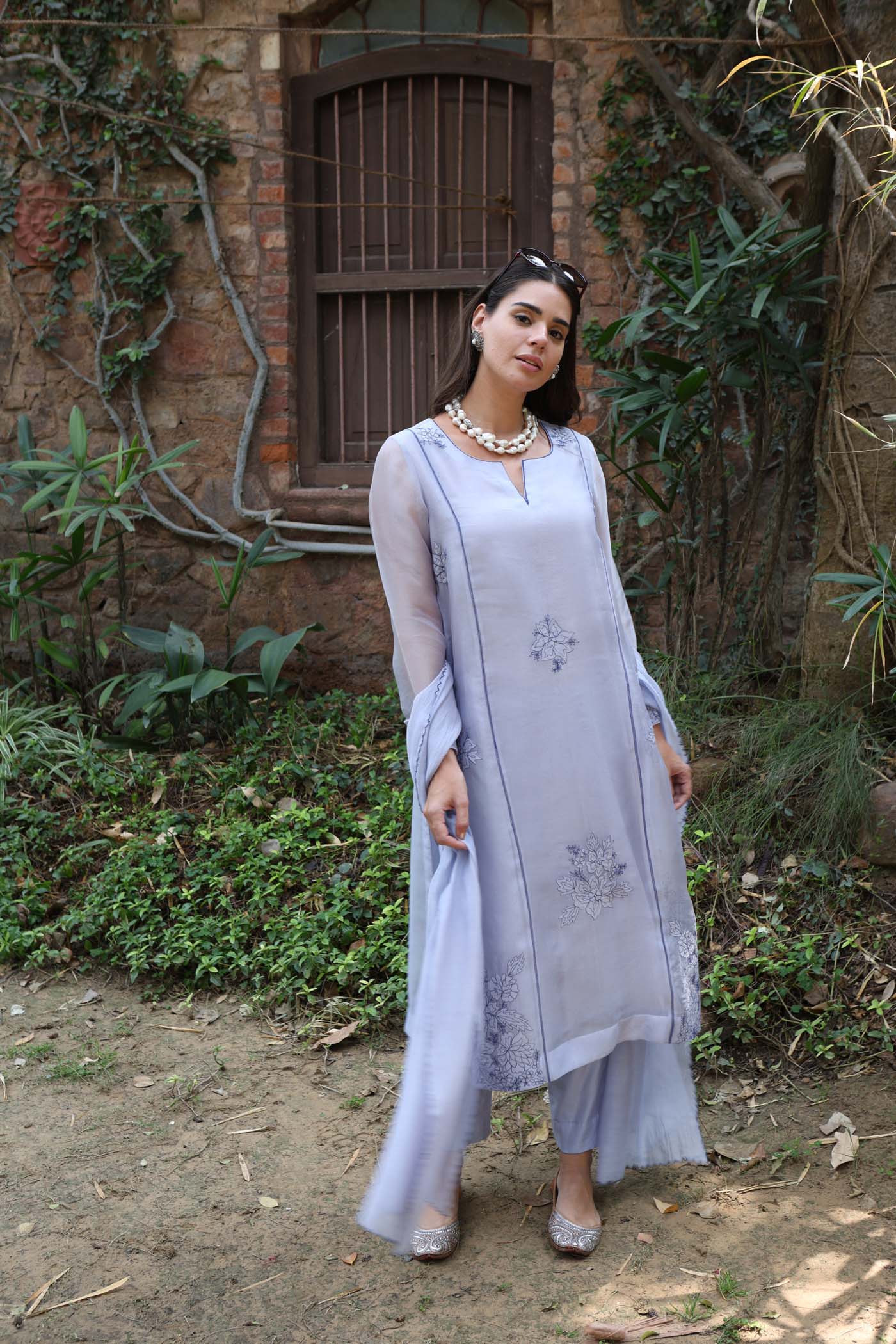 Forever-Blue Pure Silk Organza Embroidered (Applique & Cuwork) Kurta- Pants Set