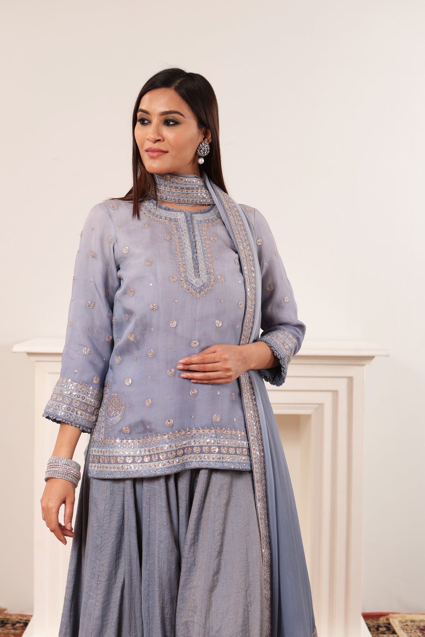Placid-Blue Embroidered Pure Silk-Organza Short-Kurta-Sharara Set