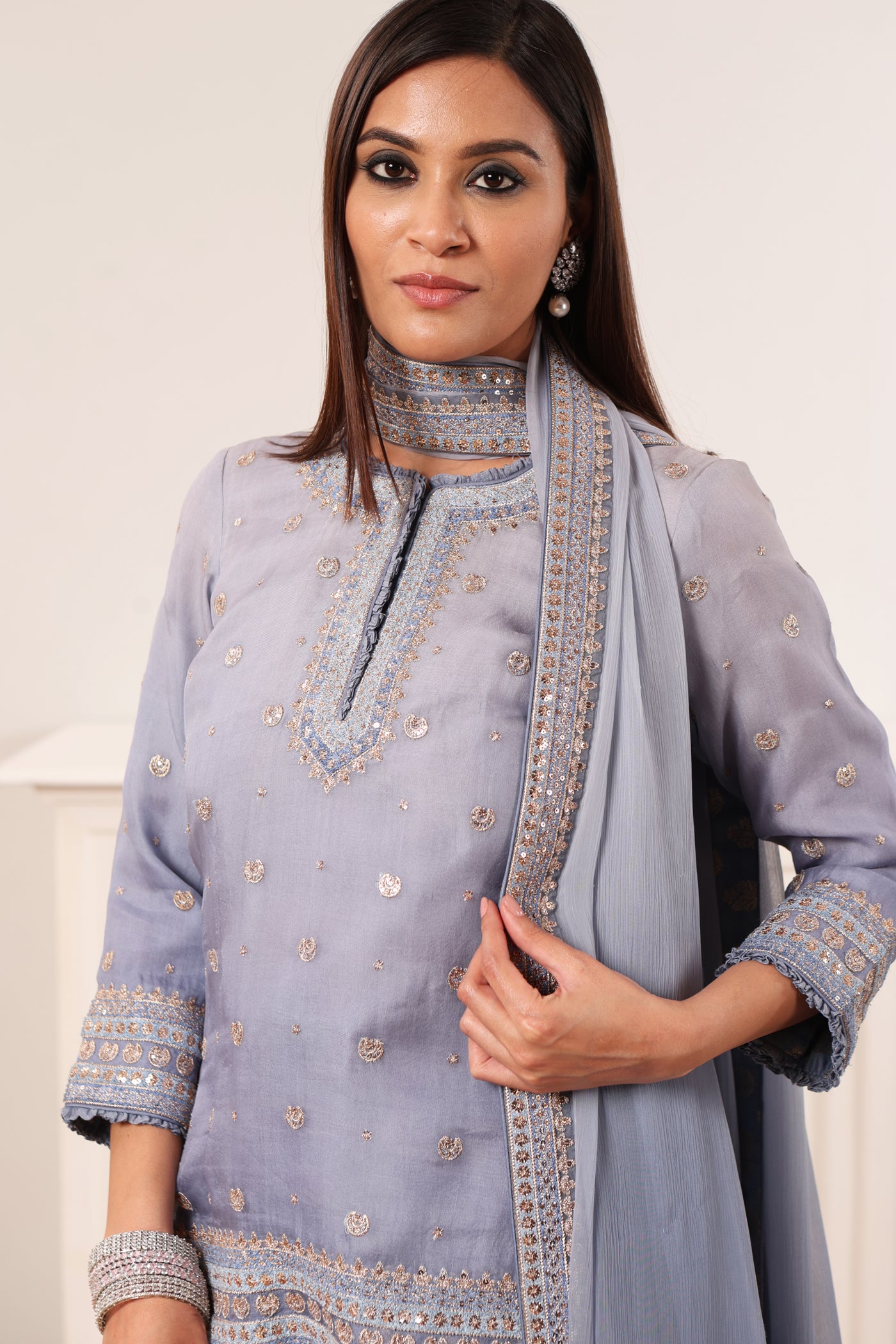 Placid-Blue Embroidered Pure Silk-Organza Short-Kurta-Sharara Set