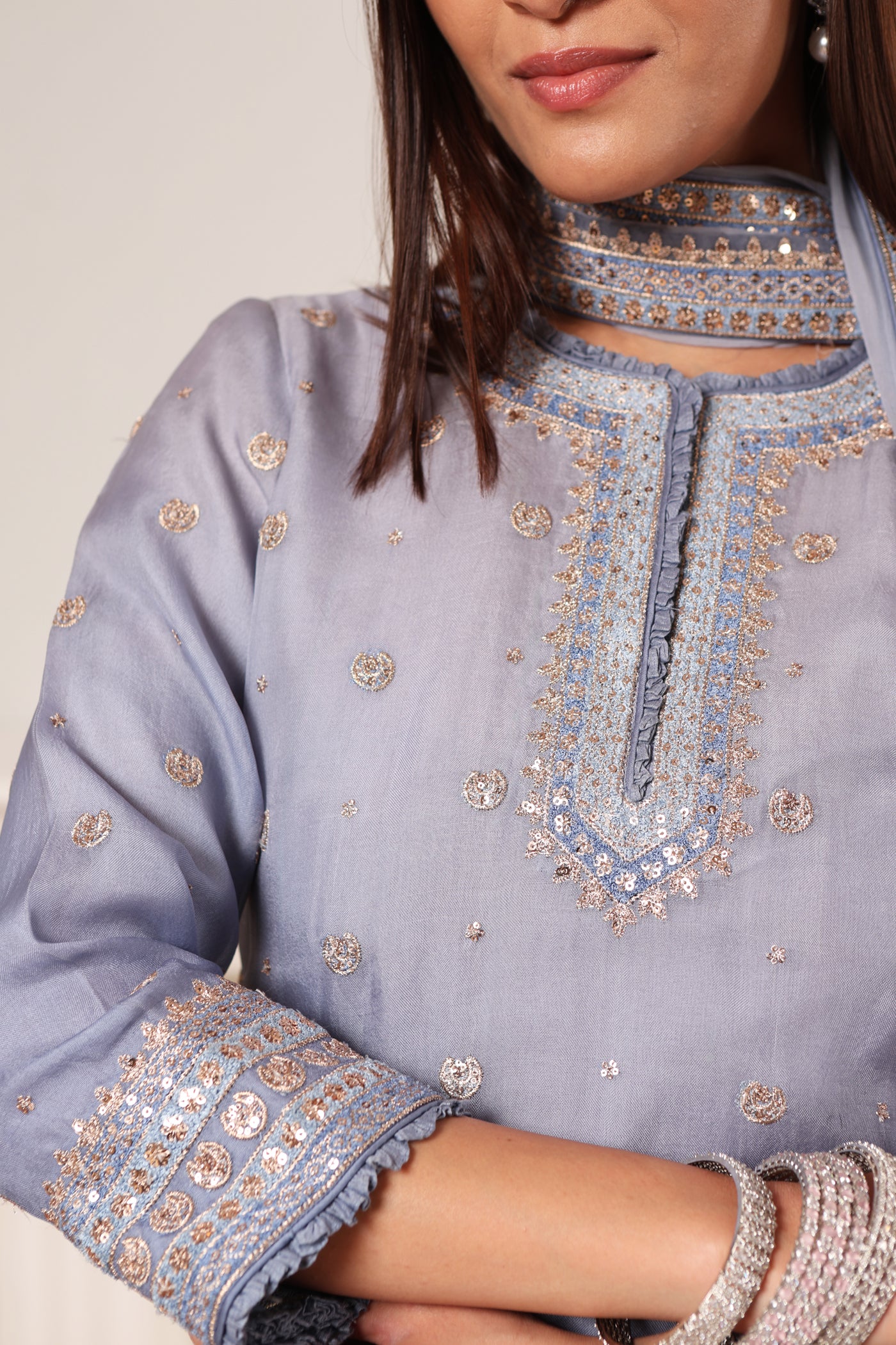 Placid-Blue Embroidered Pure Silk-Organza Short-Kurta-Sharara Set