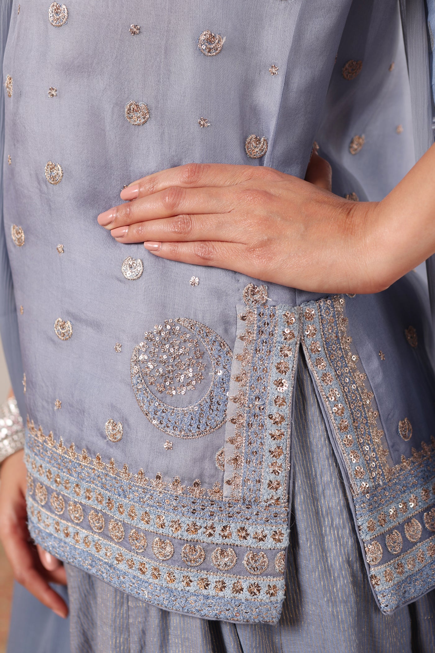 Placid-Blue Embroidered Pure Silk-Organza Short-Kurta-Sharara Set